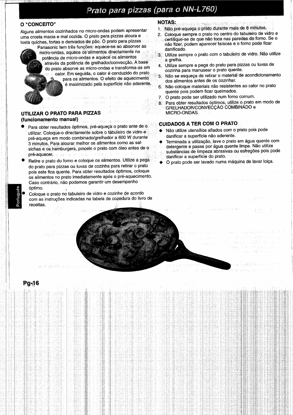 0 "gonceito, Notas, Cuidados a ter com o prato | Pg-16, Prato para pizzas (para о nn~l760) | Panasonic NNL750WB User Manual | Page 118 / 164