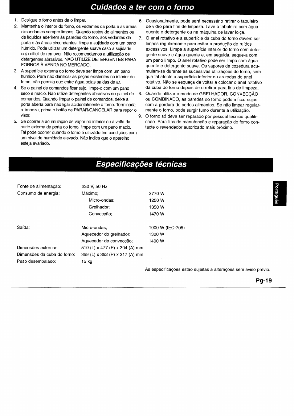 Cuidados a ter com o forno, Especificagóes técnicas | Panasonic NNL750WB User Manual | Page 121 / 164