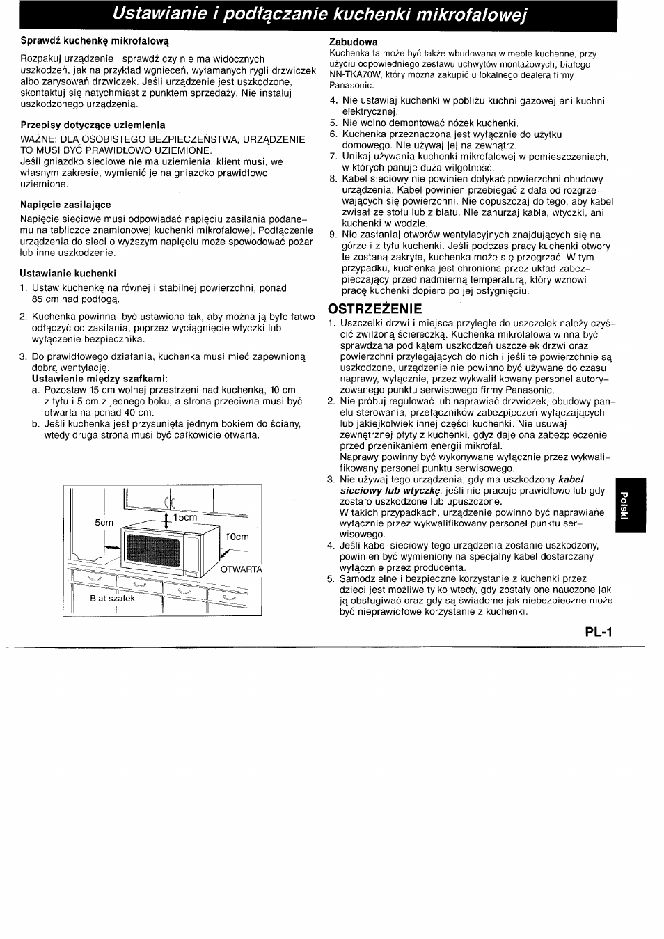 Ustawianie i podtqczanie kuchenki mikrofalowej, Sprawdz kuchenkf mikrofalowq, Przepisy dotyczqce uziemienia | Napi^cie zasmajqce, Ustawianie kuchenki, Zabudowa, Ostrzezenie, Pl-1 | Panasonic NNL750WB User Manual | Page 123 / 164