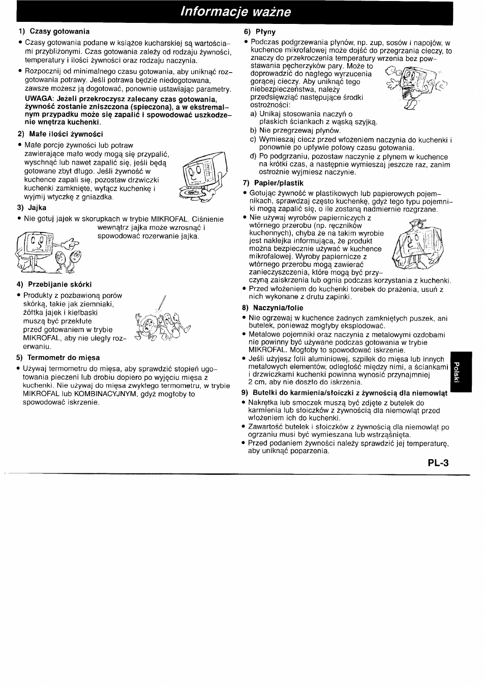 Informacje wazne, 1) czasy gotowania, 2) mate ilosci zywnosci | 3) jajka, 4) przebijanie skorki, 5) termometr do mi^sa, 6) ptyny, 7) papier/plastik, 8) naezynia/folie, Pl-3 | Panasonic NNL750WB User Manual | Page 125 / 164