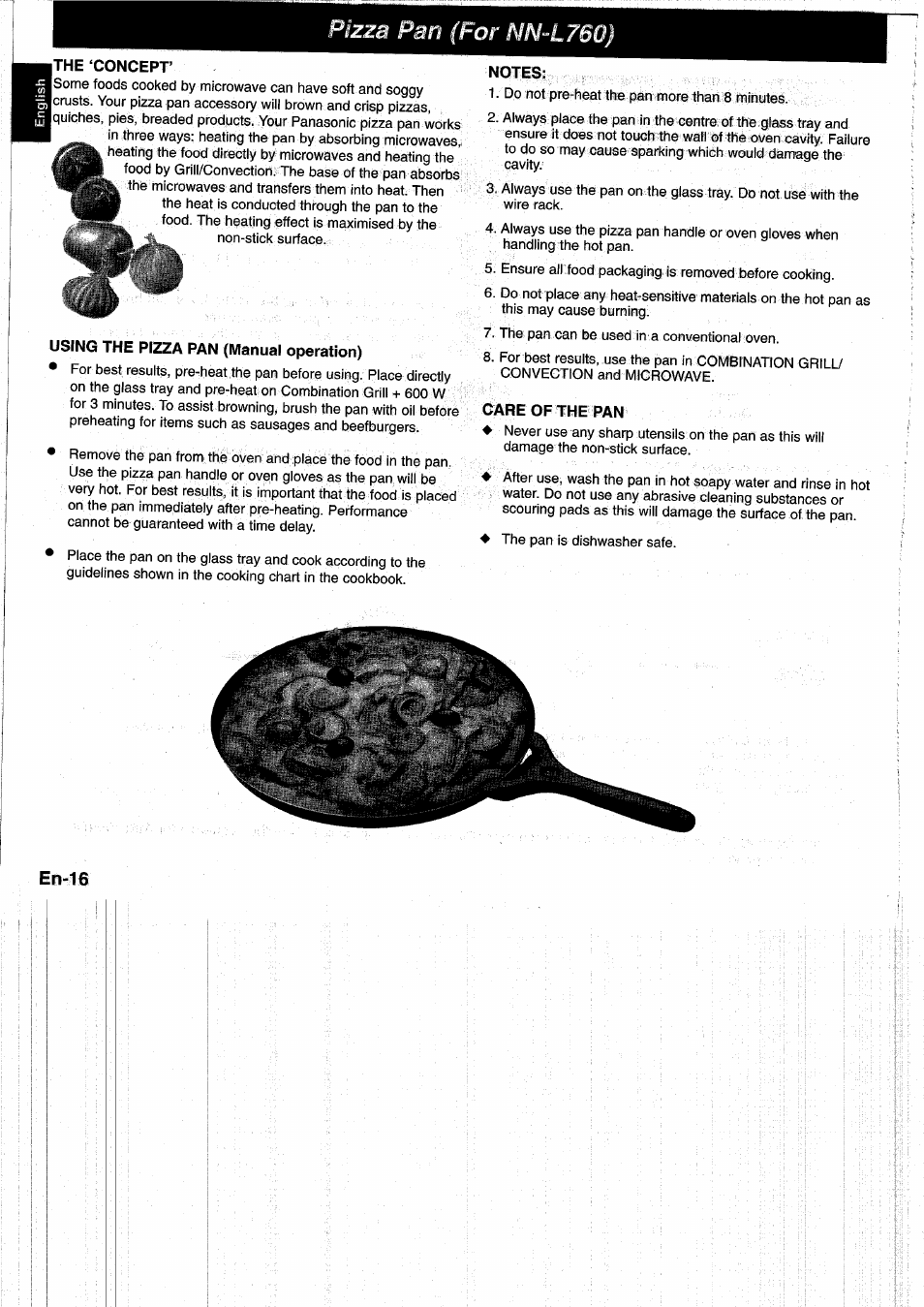 The‘concept, Using the pizza pan (manual operation), Notes | Care of the pan, Pizza pan (for nn-l760) | Panasonic NNL750WB User Manual | Page 18 / 164