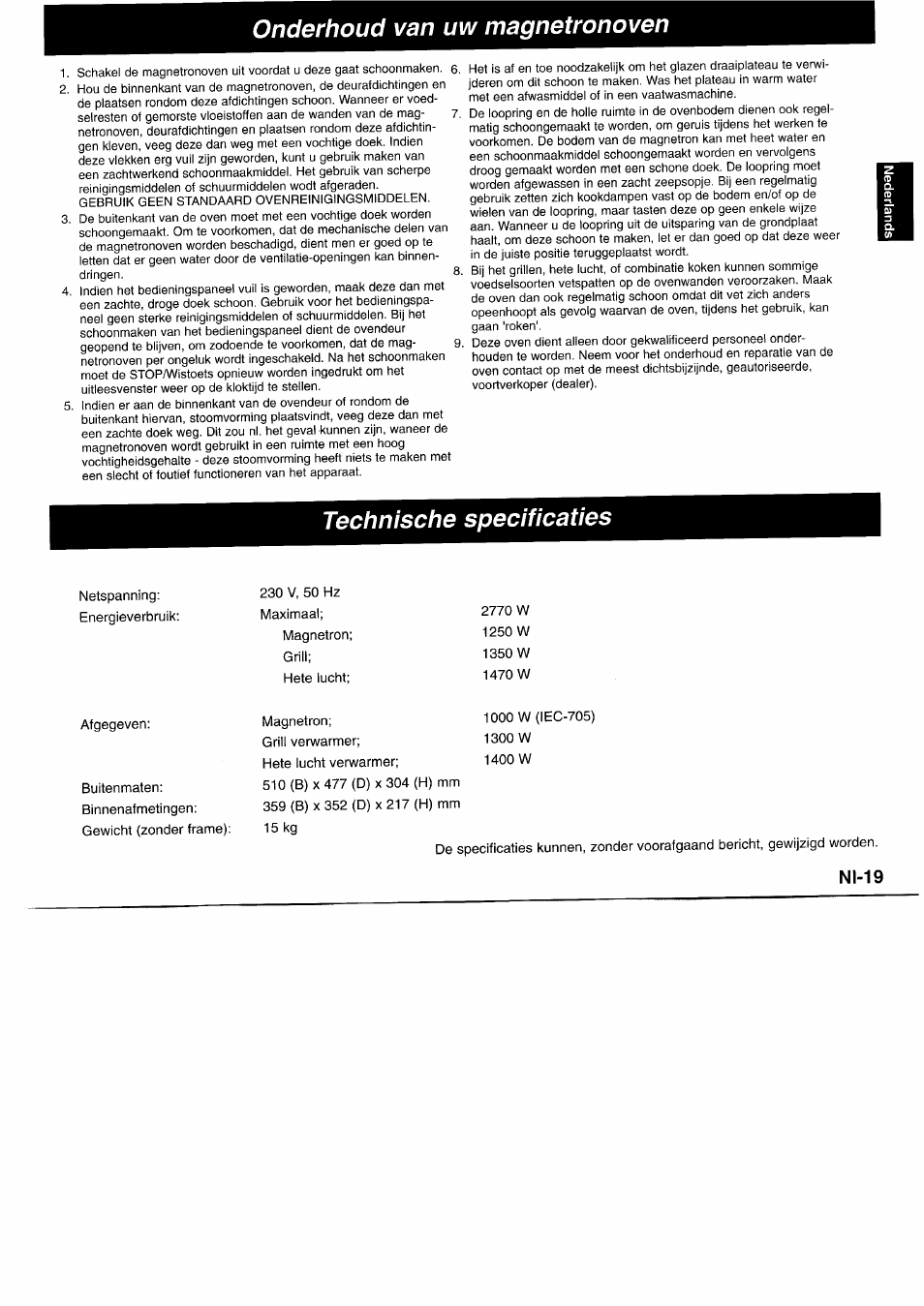 Technische specificaties, Onderhoud van uw magnetronoven, N1-19 | Panasonic NNL750WB User Manual | Page 41 / 164