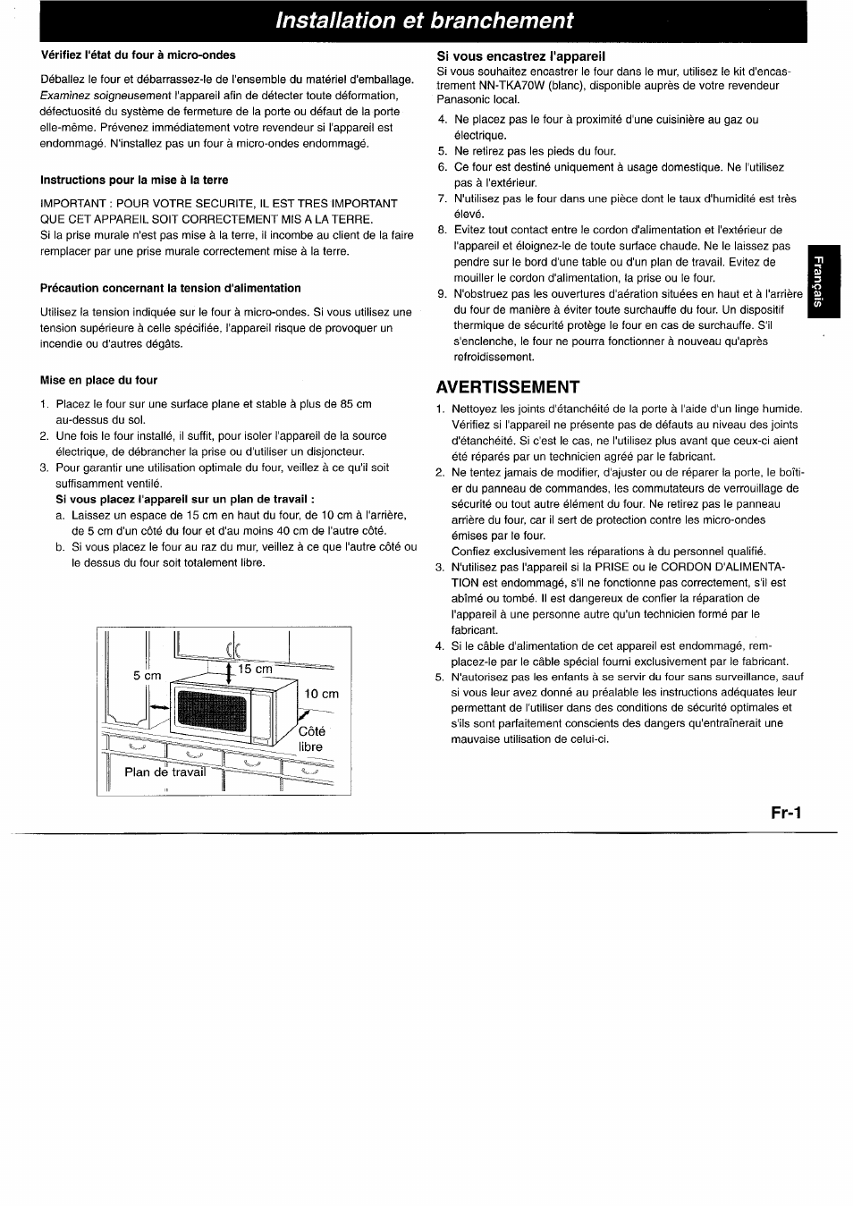 Installation et branchement, Vérifiez i'état du four à micro-ondes, Instructions pour la mise à la terre | Précaution concernant la tension d'alimentation, Mise en place du four, Avertissement, Fr-1, Examinez | Panasonic NNL750WB User Manual | Page 43 / 164