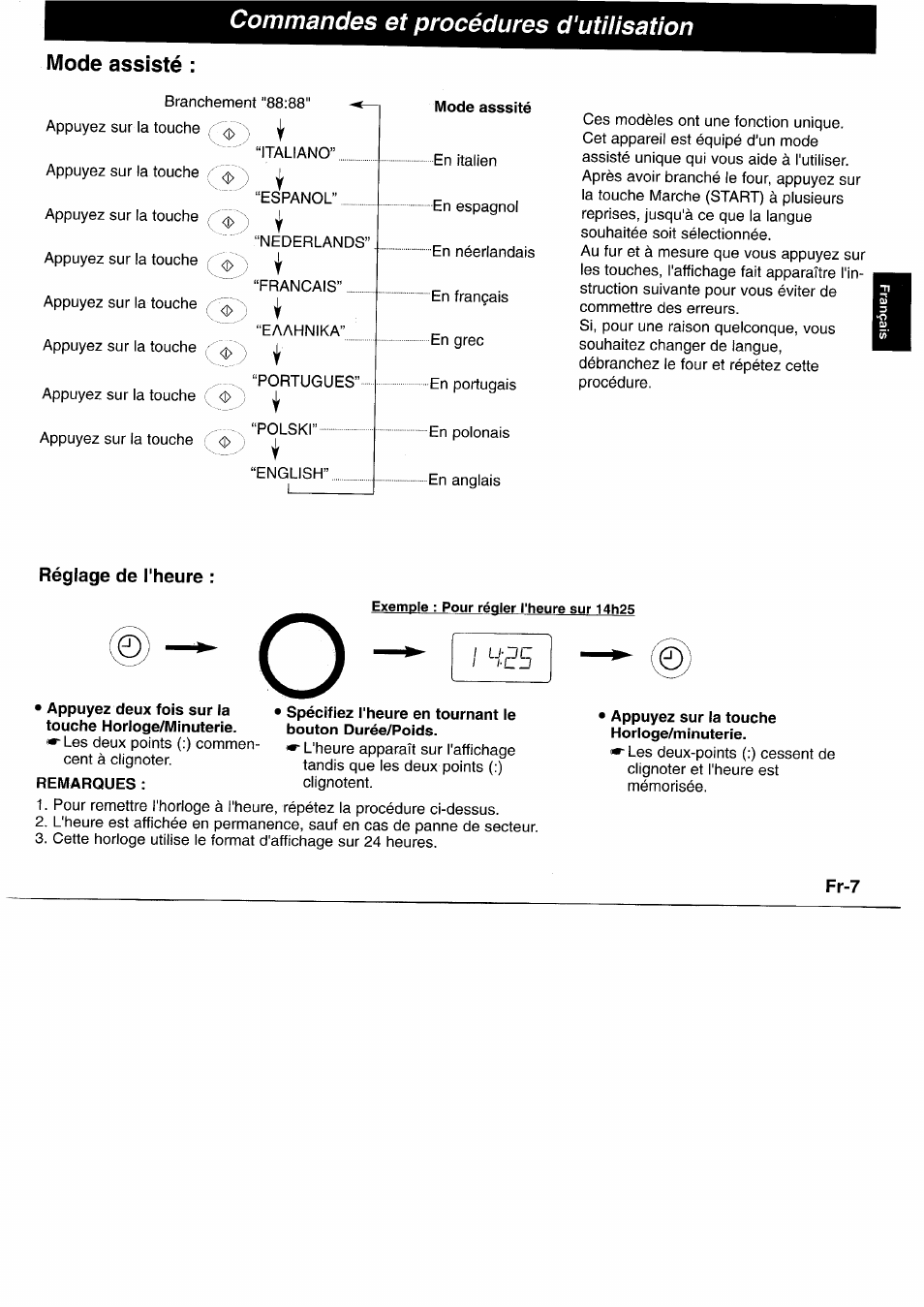 Mode assisté, Réglage de l'heure, Appuyez deux fois sur la touche horloge/minuterie | Remarques, Appuyez sur la touche horloge/minuterie, Commandes et procédures d’utilisation | Panasonic NNL750WB User Manual | Page 49 / 164