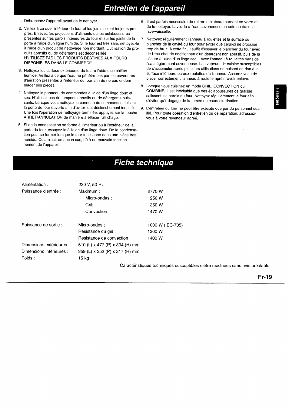 Fiche technique, Entretien de l'appareil | Panasonic NNL750WB User Manual | Page 61 / 164