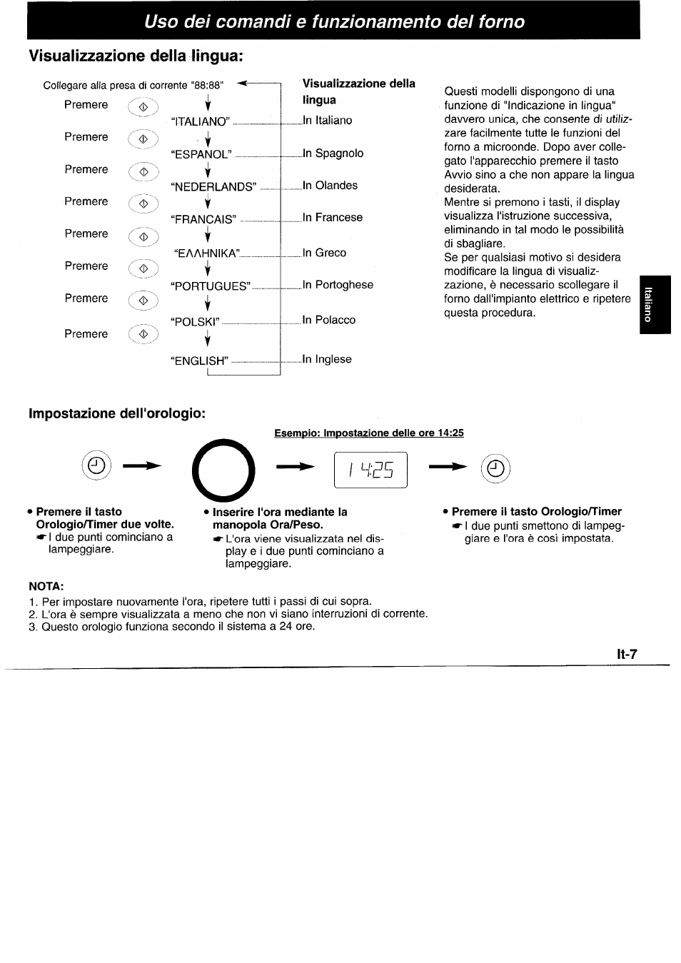 Uso dei comandi e funzionamento del forno, Visualizzazione della lingua, Impostazione dell'orologio | Panasonic NNL750WB User Manual | Page 69 / 164