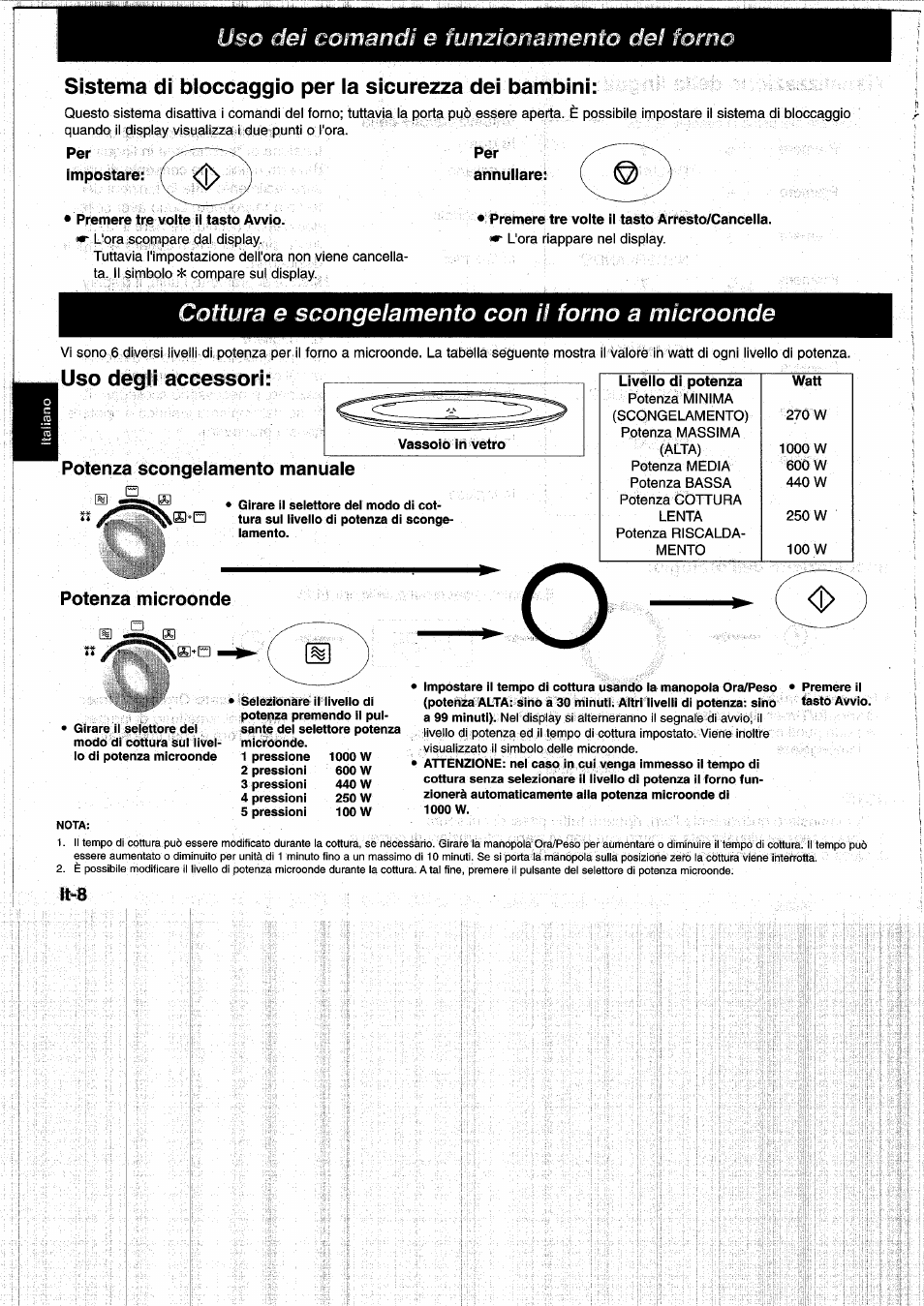 Sistema di bioccaggio per ia sicurezza dei bambini, Per ^ per, Impostare | Annullare, Cottura e scongelamento con il forno a microonde, Uso degli accessori, Potenza scongelamento manuale, Potenza microonde, Comandi e funzionamento dei forno, E) »su.. w | Panasonic NNL750WB User Manual | Page 70 / 164