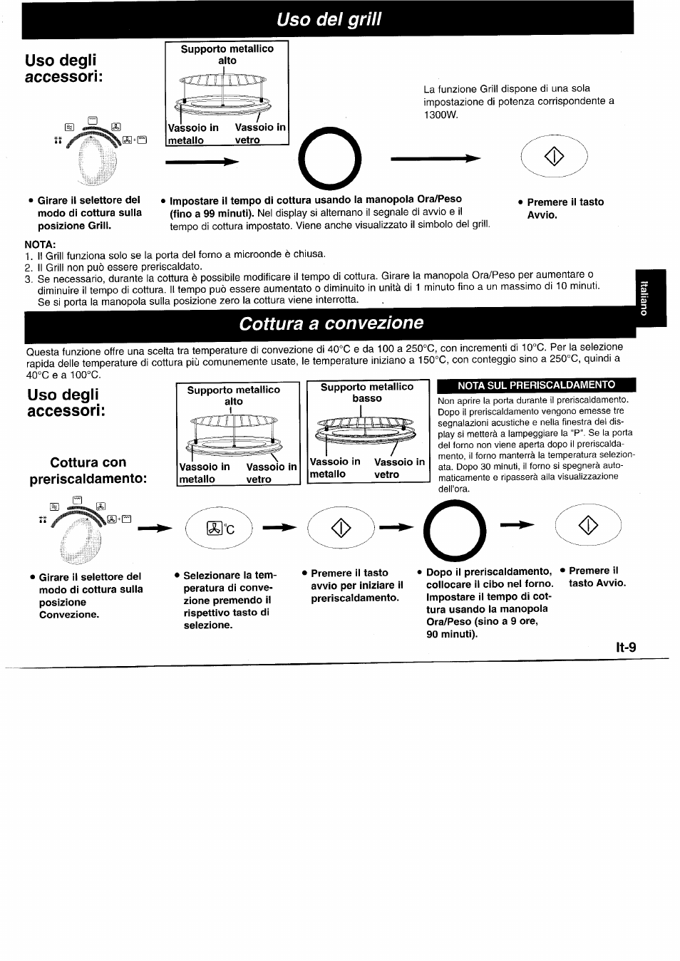 Uso del grill, Uso degli accessori, Cottura con preriscafdamento | Panasonic NNL750WB User Manual | Page 71 / 164