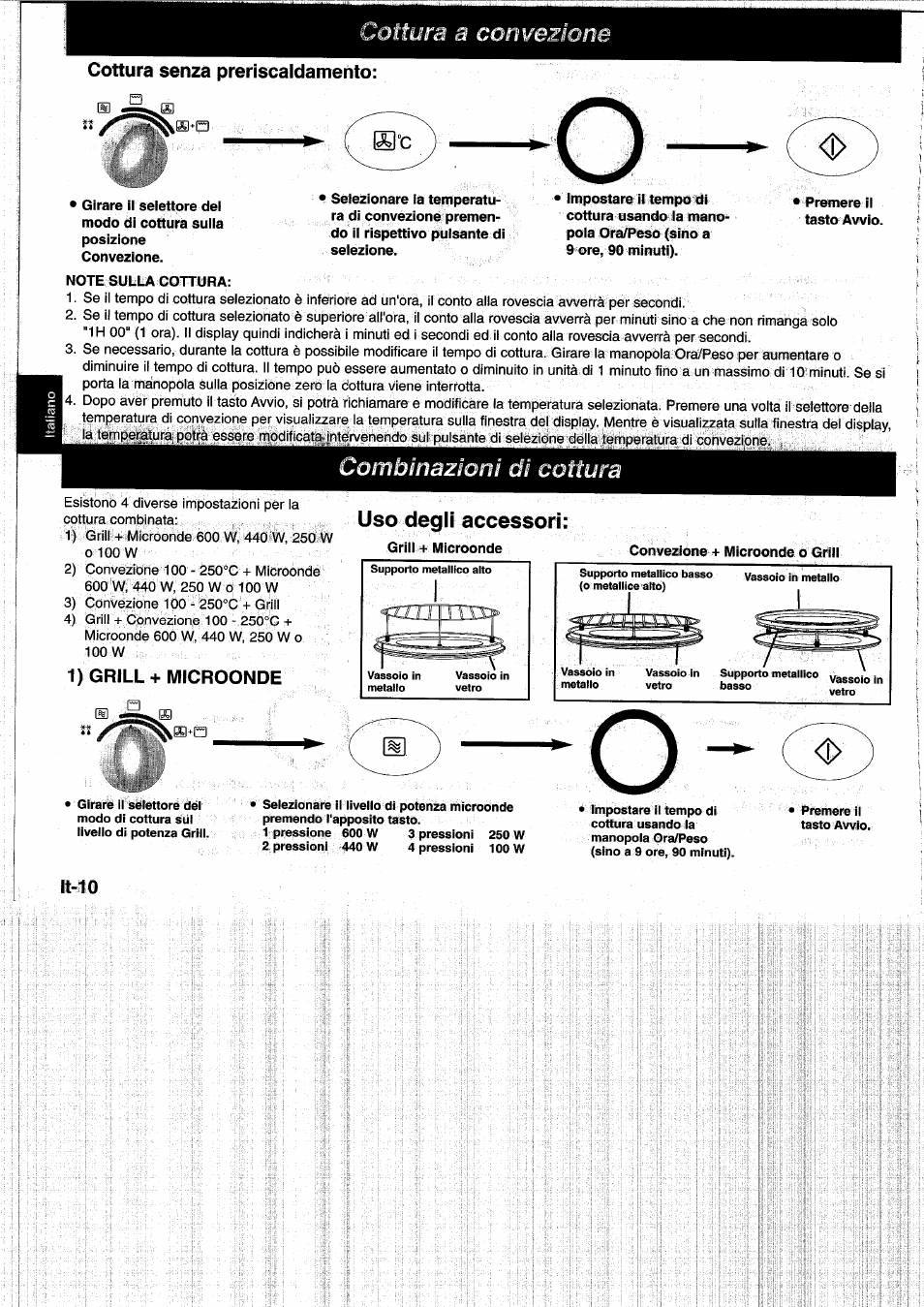 Cottura senza preriscaldamehto, 1) grill + microonde, Uso degli accessori | Combinazioni di cottura, 0 100 w | Panasonic NNL750WB User Manual | Page 72 / 164