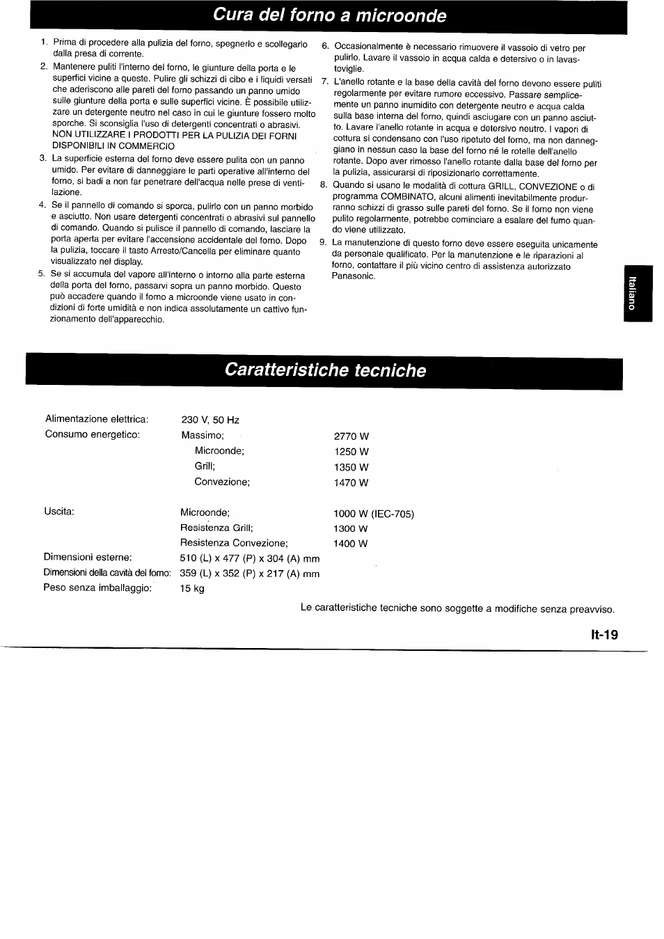 Cura del forno a microonde, Caratteristiche tecniche, Lt-19 | Panasonic NNL750WB User Manual | Page 81 / 164