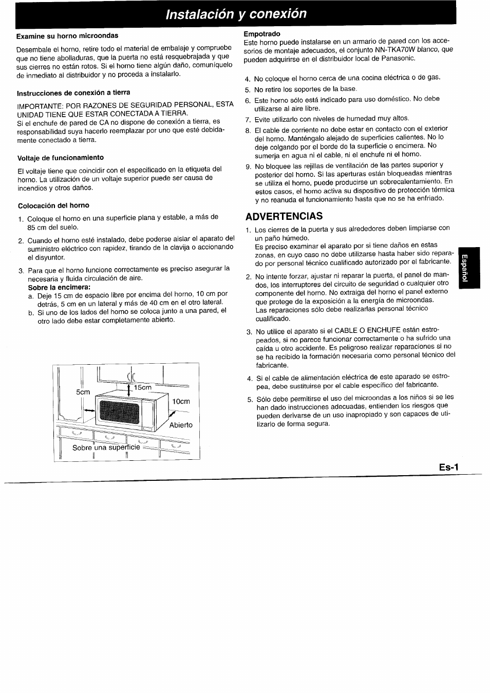 Instalación y conexión, Examine su horno microondas, Instrucciones de conexión a tierra | Voltaje de funcionamiento, Colocación del horno, Empotrado, Advertencias, Es-1 | Panasonic NNL750WB User Manual | Page 83 / 164