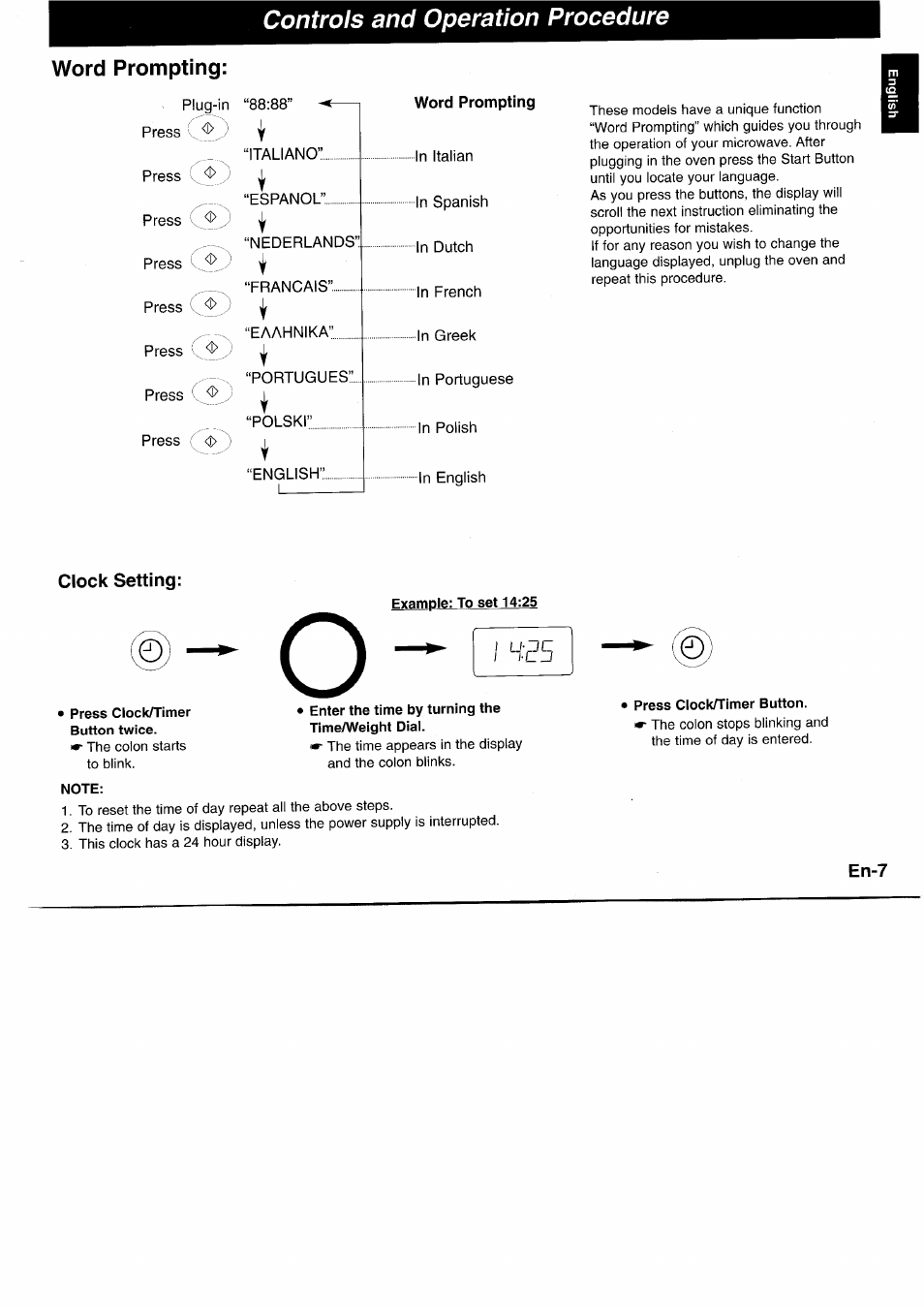 Word prompting, Clock setti ng, Controls and operation procedure | Panasonic NNL750WB User Manual | Page 9 / 164