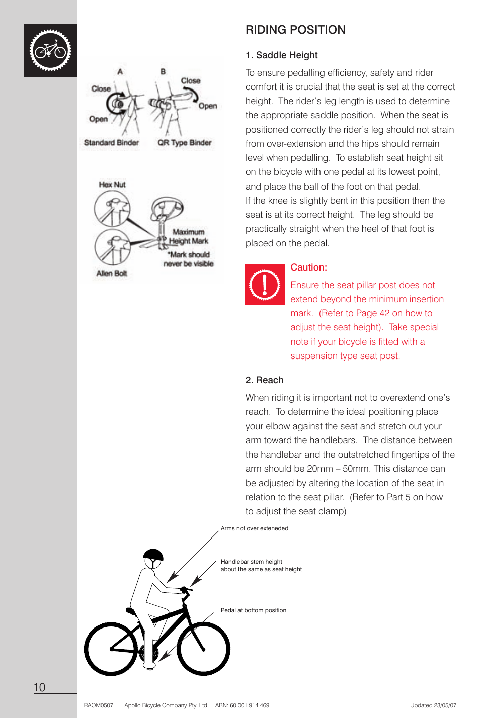 Saddle height, Caution, Reach | Apollo Radius User Manual | Page 12 / 72
