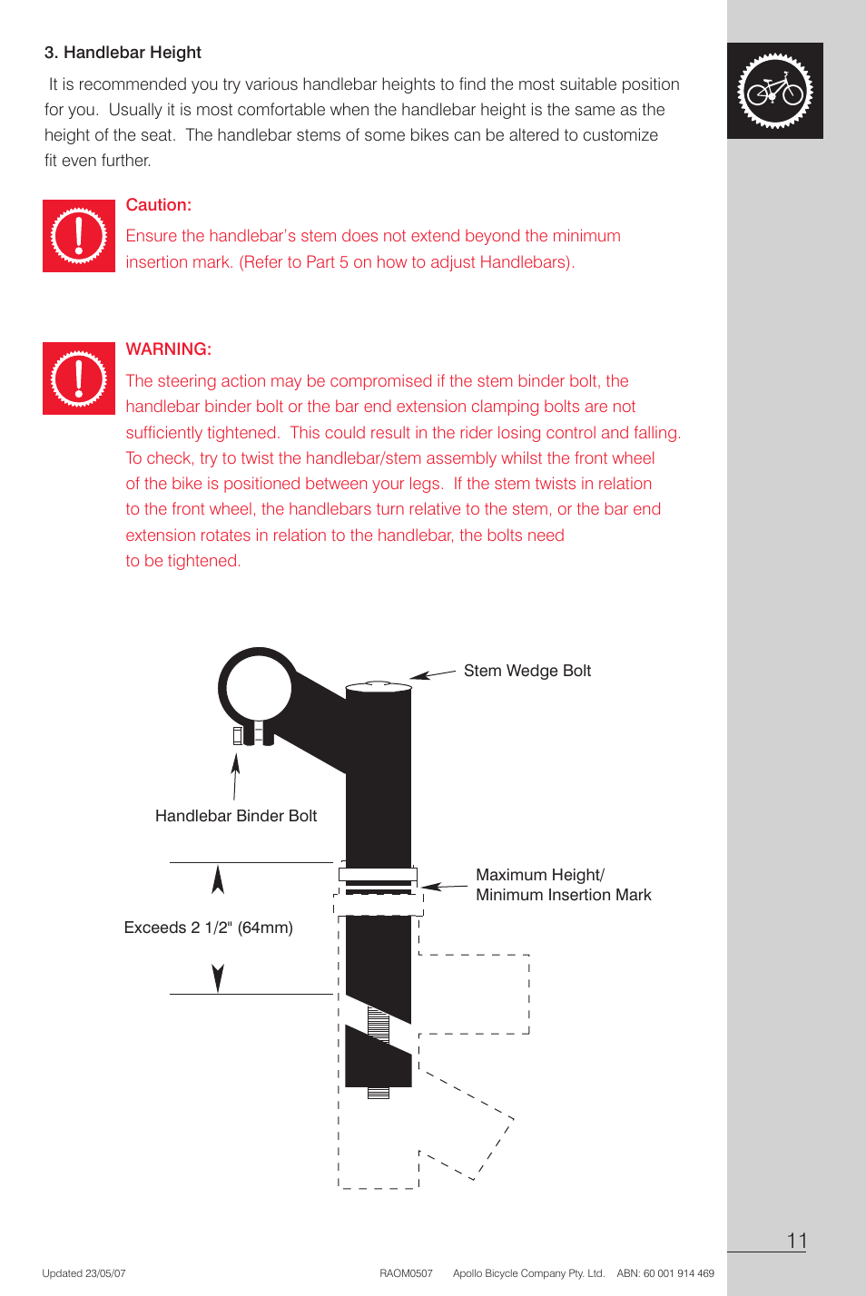 Handlebar height, Caution, Warning | Apollo Radius User Manual | Page 13 / 72