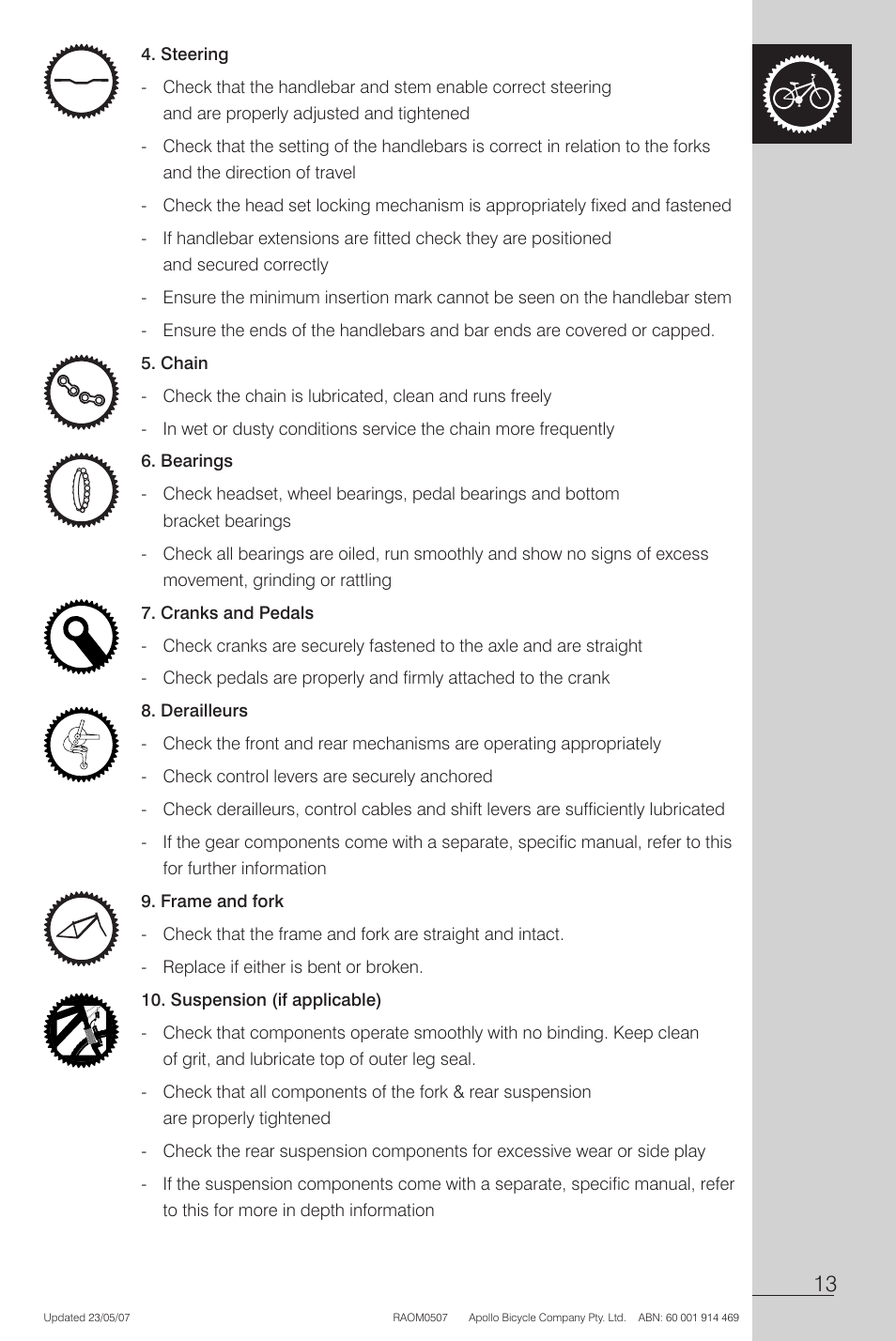 Steering, Chain, Bearings | Cranks and pedals, Derailleurs, Frame and fork, Suspension (if applicable) | Apollo Radius User Manual | Page 15 / 72