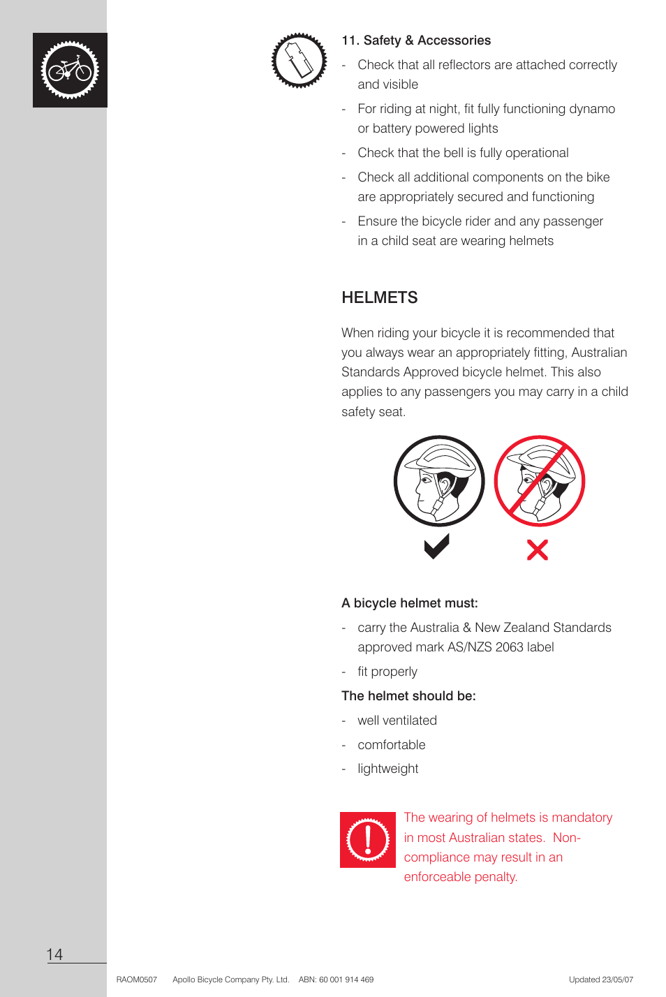 Safety & accessories, A bicycle helmet must | Apollo Radius User Manual | Page 16 / 72