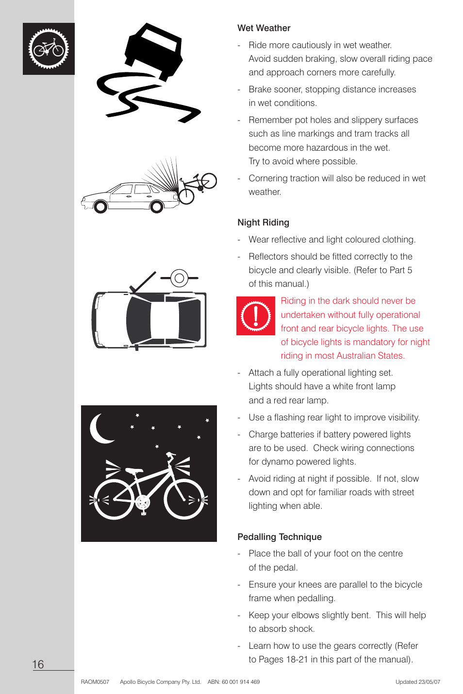 Wet weather, Night riding, Pedalling technique | Apollo Radius User Manual | Page 18 / 72