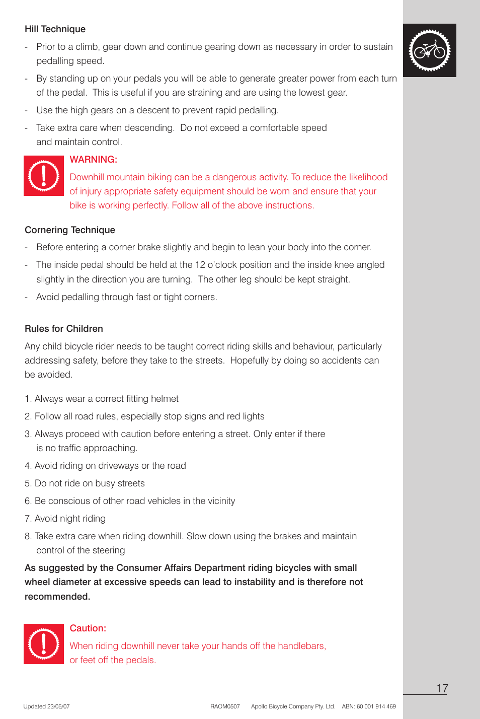 Hill technique, Warning, Cornering technique | Rules for children, Caution | Apollo Radius User Manual | Page 19 / 72