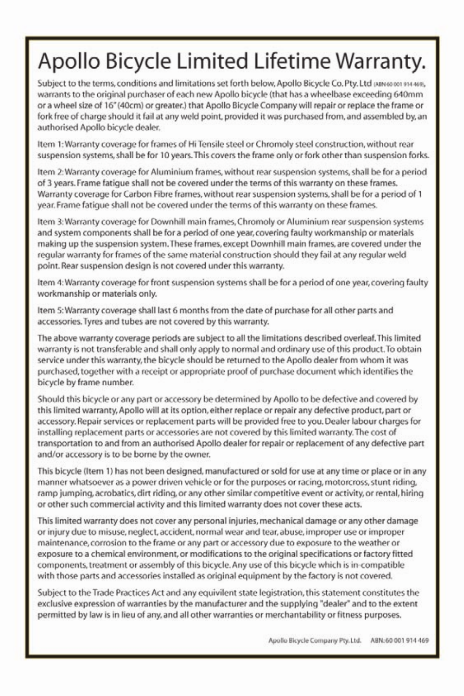 Apollo bicycle limited lifetime warranty | Apollo Radius User Manual | Page 2 / 72