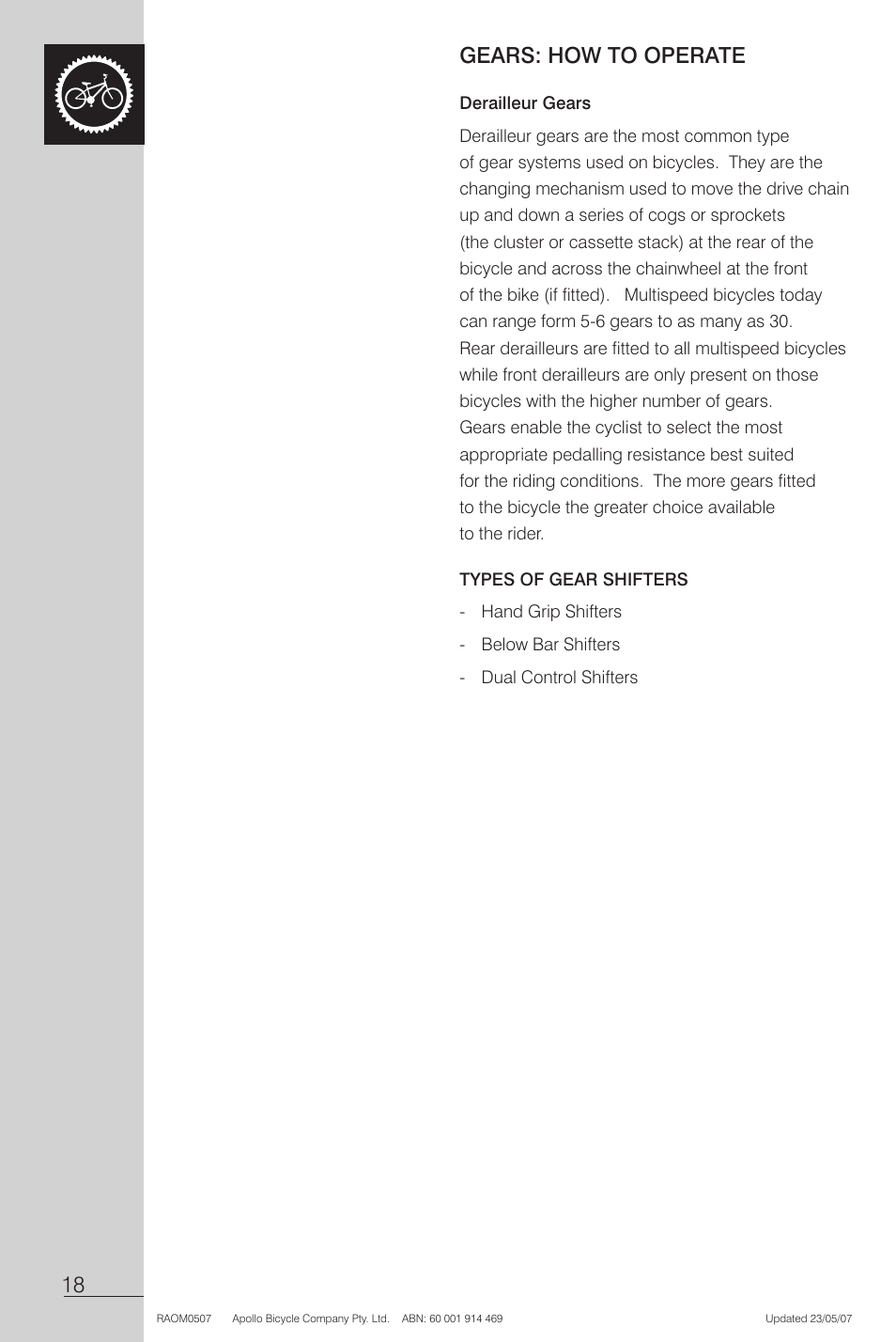 Derailleur gears, Types of gear shifters | Apollo Radius User Manual | Page 20 / 72