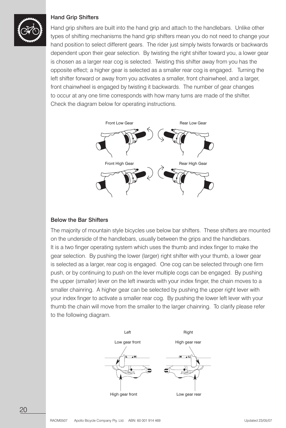 Hand grip shifters, Below the bar shifters | Apollo Radius User Manual | Page 22 / 72