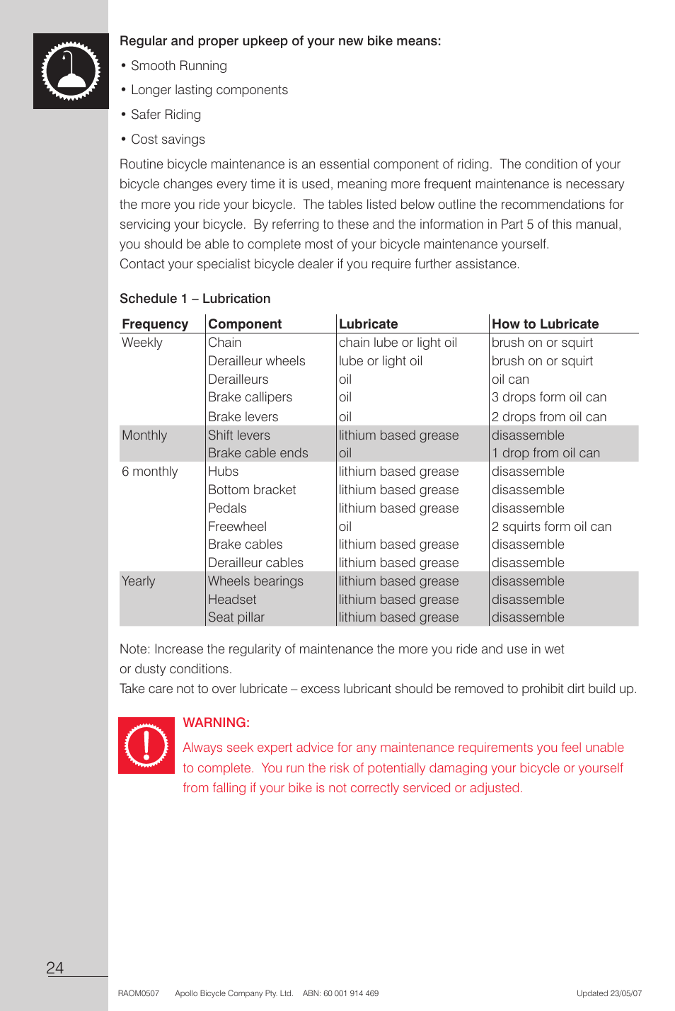 Regular and proper upkeep of your new bike means, Warning | Apollo Radius User Manual | Page 26 / 72