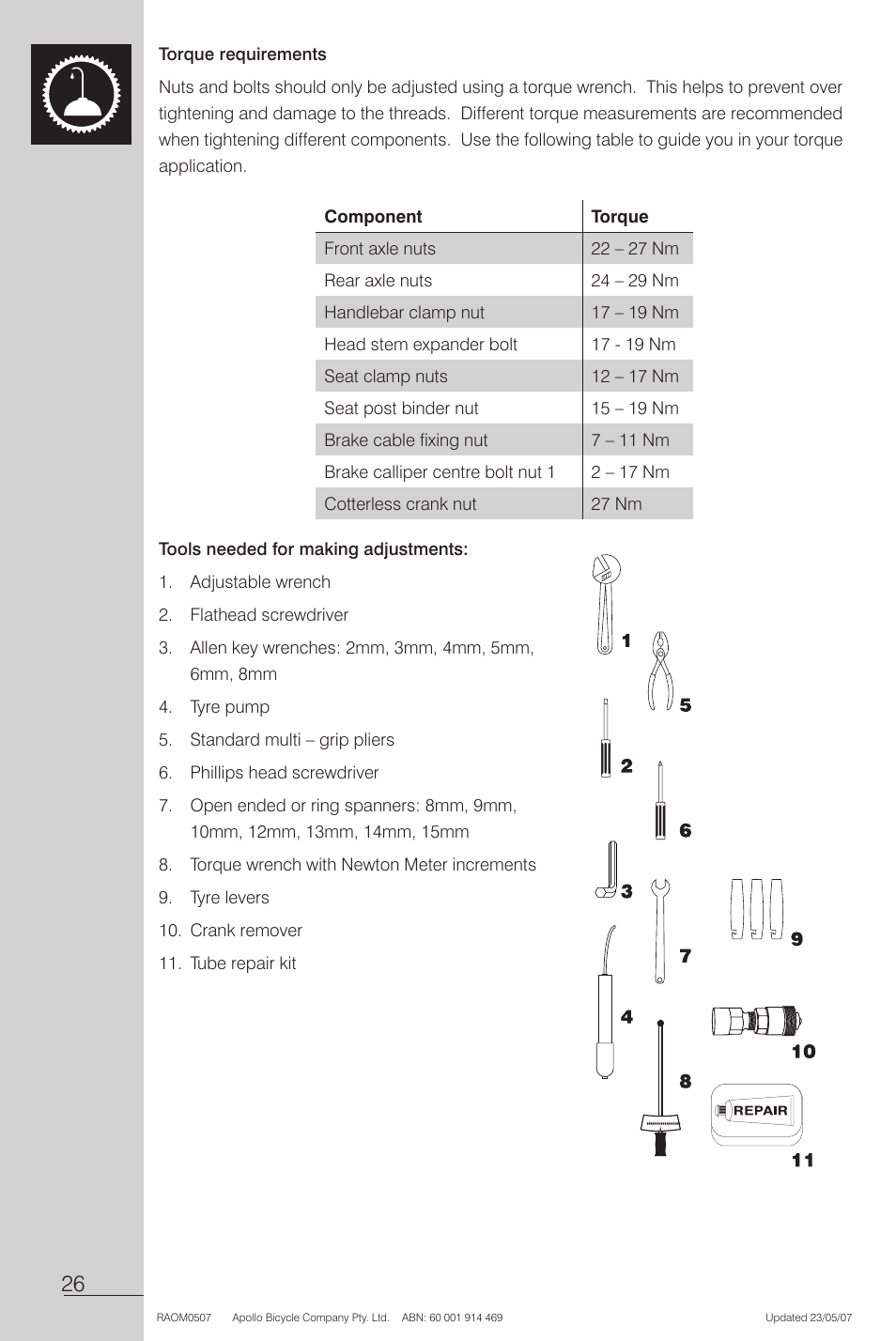 Torque requirements, Tools needed for making adjustments | Apollo Radius User Manual | Page 28 / 72