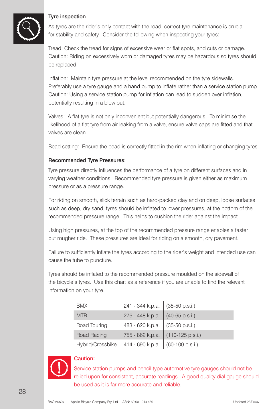 Tyre inspection, Caution | Apollo Radius User Manual | Page 30 / 72
