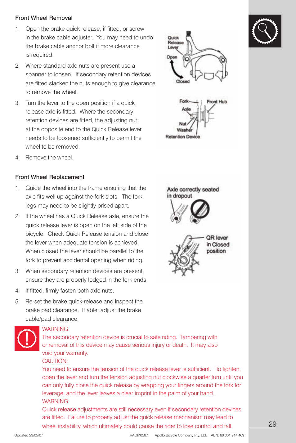 Front wheel removal, Front wheel replacement | Apollo Radius User Manual | Page 31 / 72