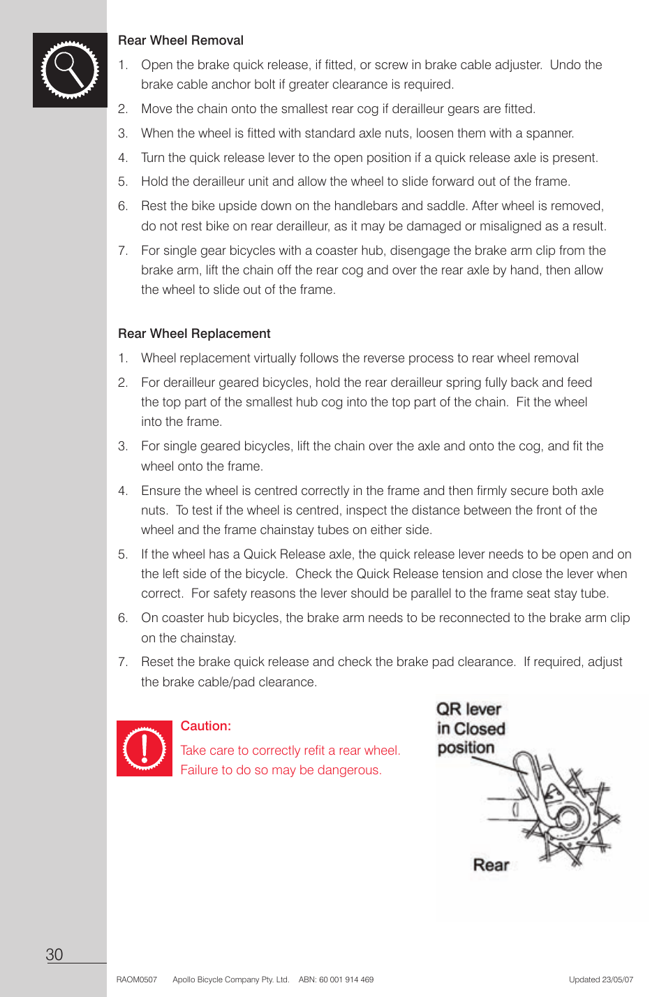 Rear wheel removal, Rear wheel replacement, Caution | Apollo Radius User Manual | Page 32 / 72
