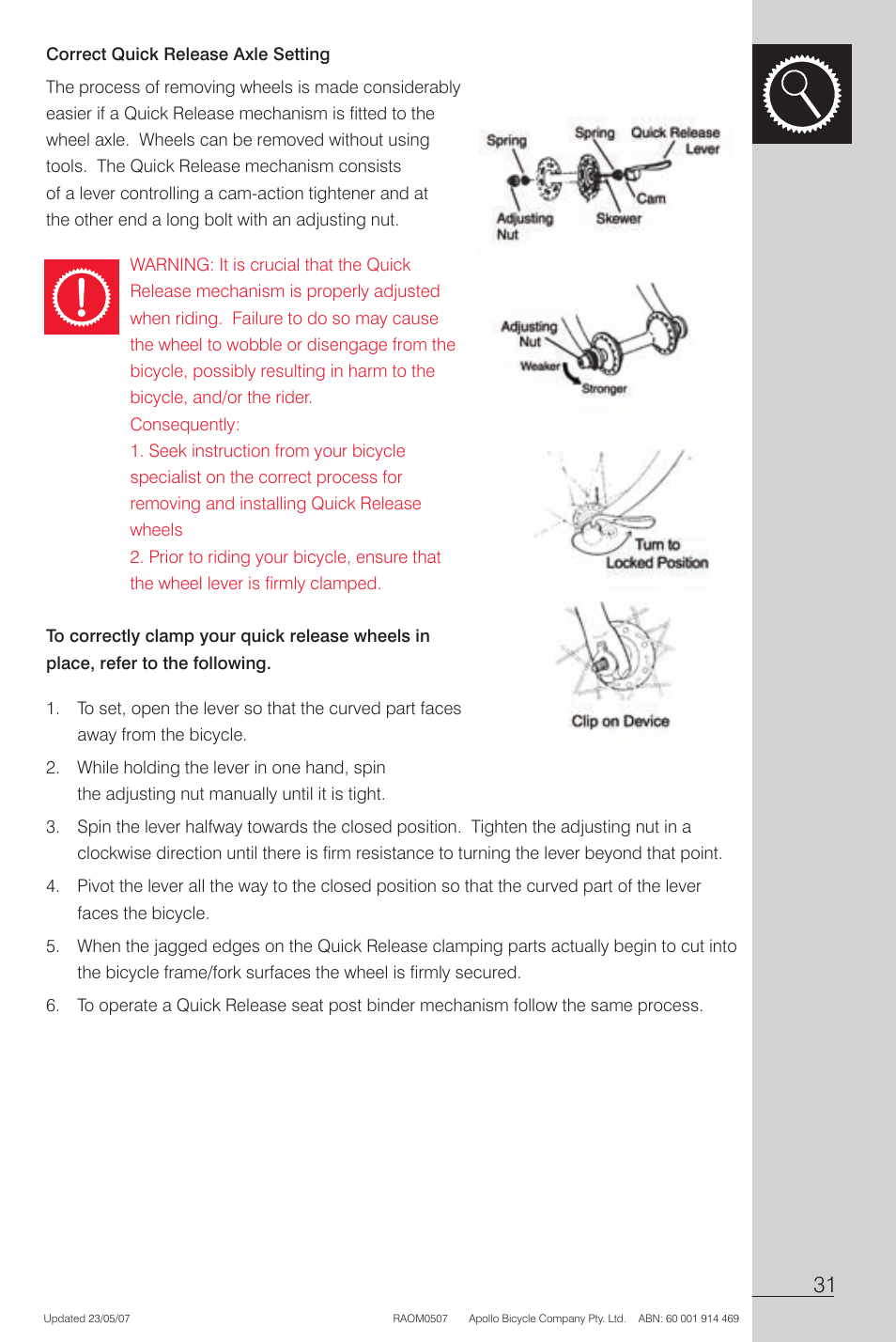 Correct quick release axle setting, To correctly clamp your quick release wheels in | Apollo Radius User Manual | Page 33 / 72