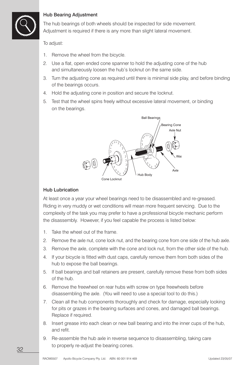 Hub bearing adjustment, Hub lubrication | Apollo Radius User Manual | Page 34 / 72