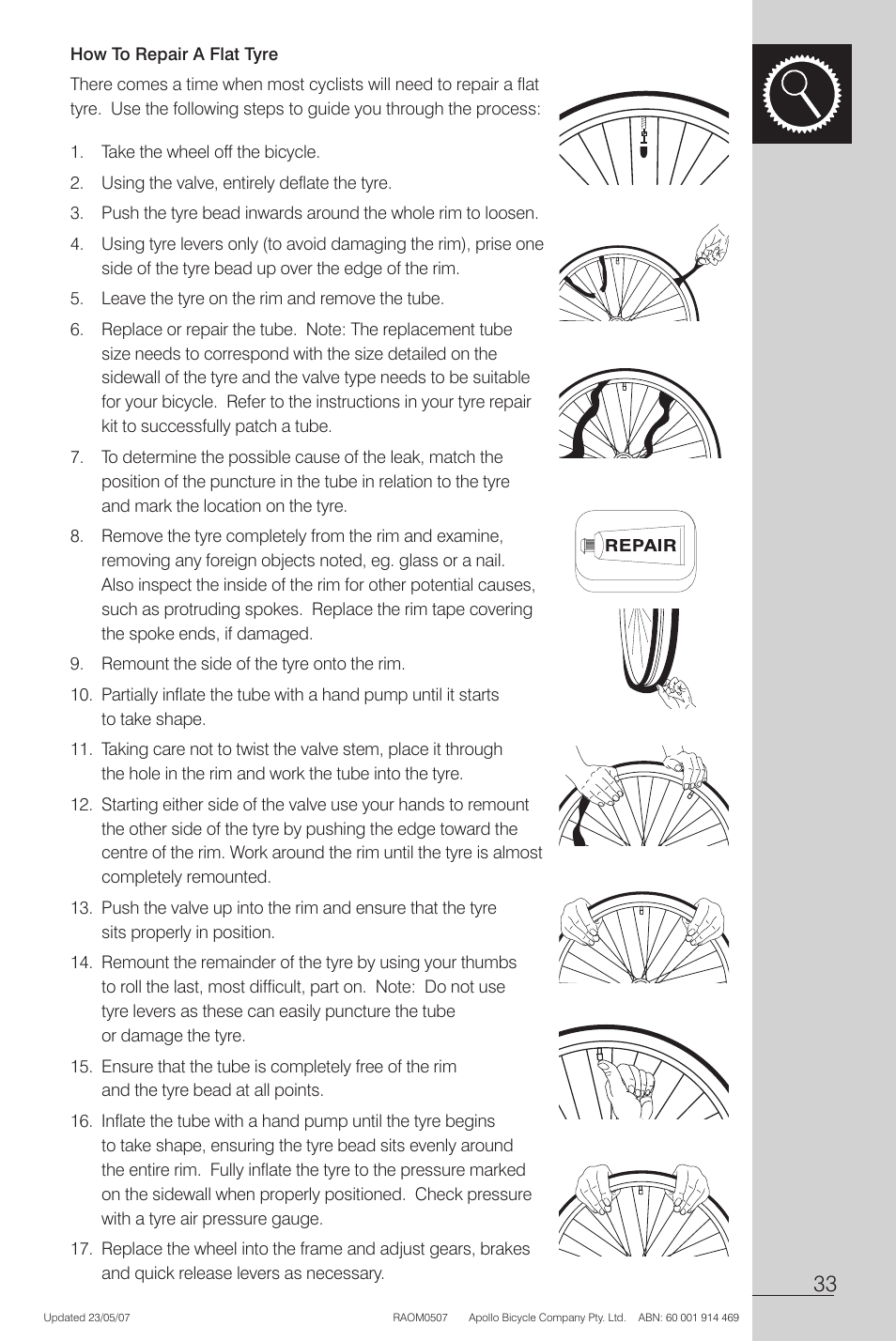 How to repair a flat tyre | Apollo Radius User Manual | Page 35 / 72