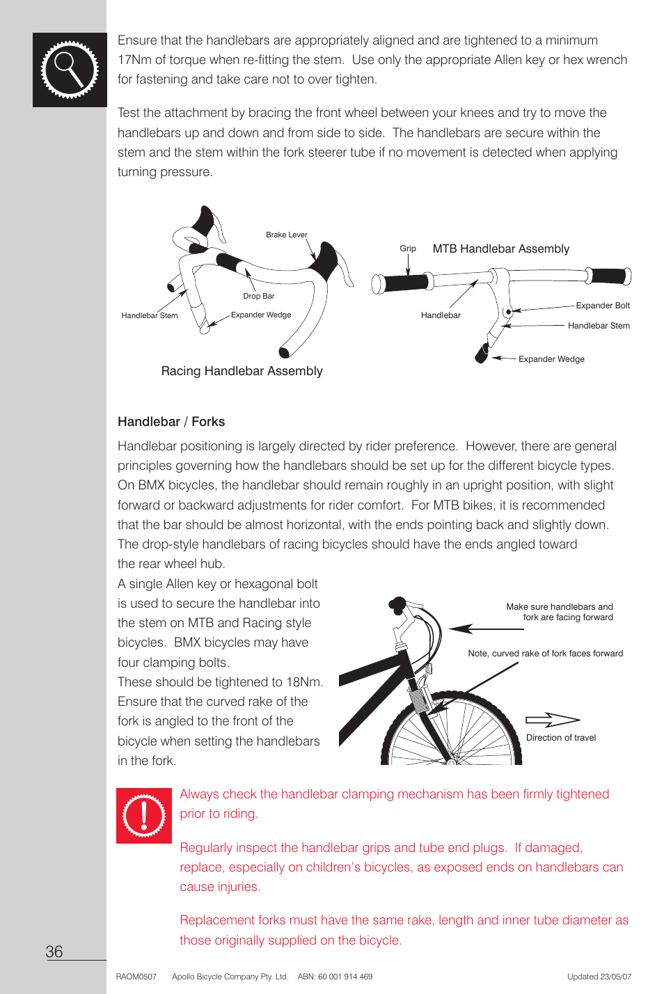 Handlebar / forks, Racing handlebar assembly handlebar / forks | Apollo Radius User Manual | Page 38 / 72