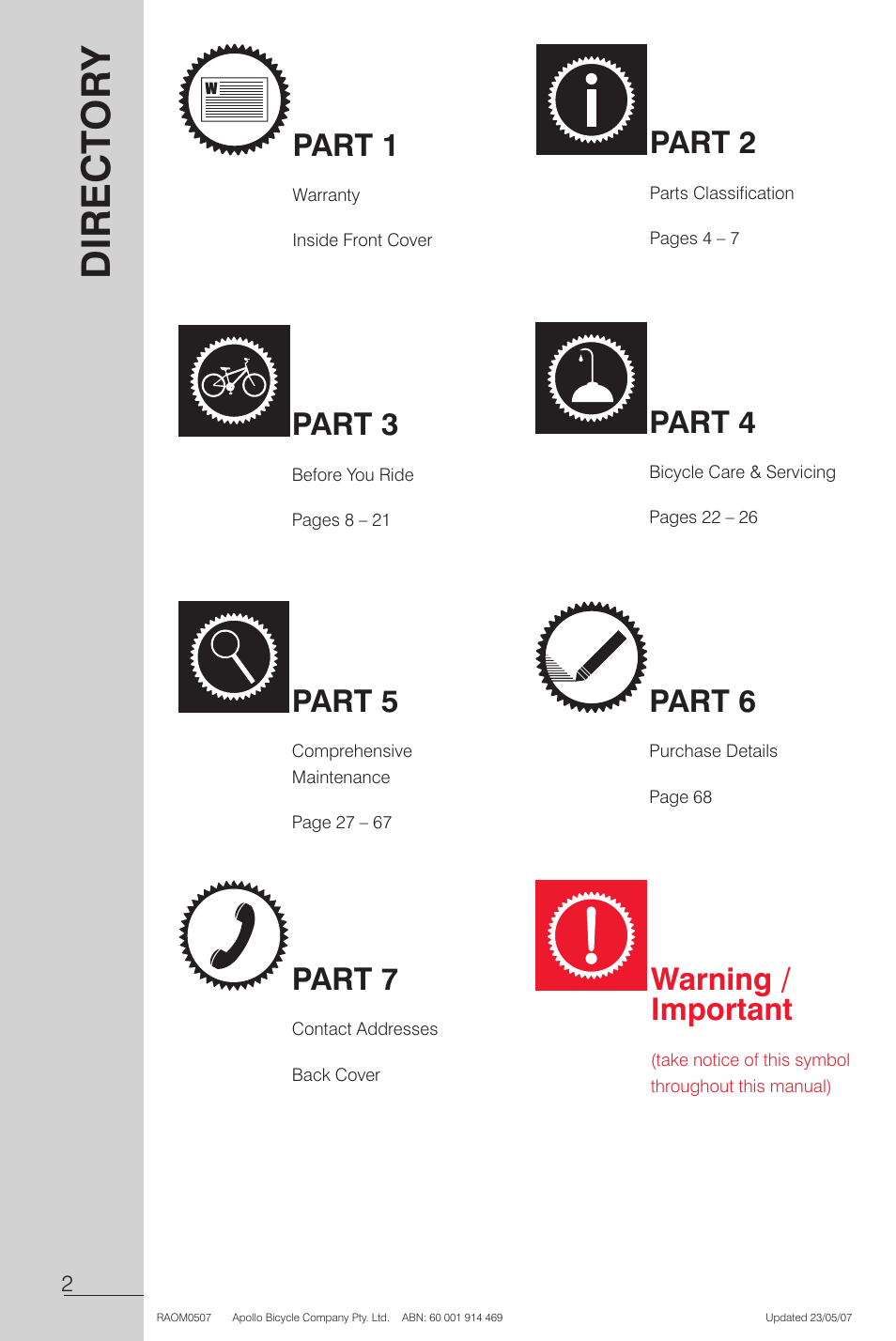 Part 1, Part 2, Part 3 | Part 4, Part 5, Part 7, Part 6, Warning / important | Apollo Radius User Manual | Page 4 / 72