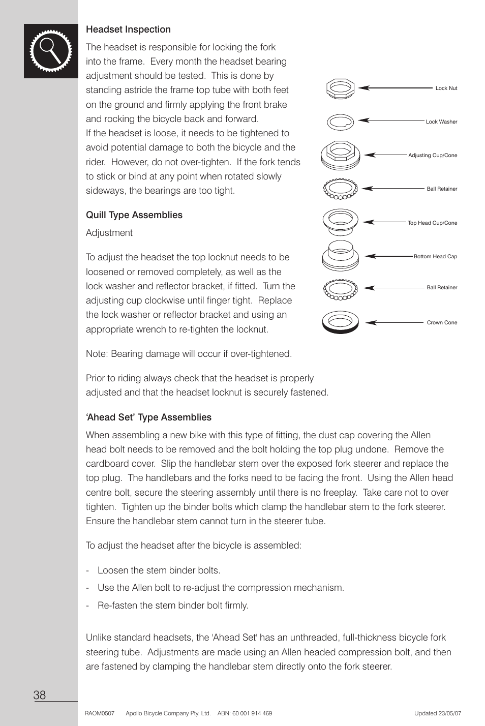 Headset inspection, Quill type assemblies, Ahead set’ type assemblies | Apollo Radius User Manual | Page 40 / 72