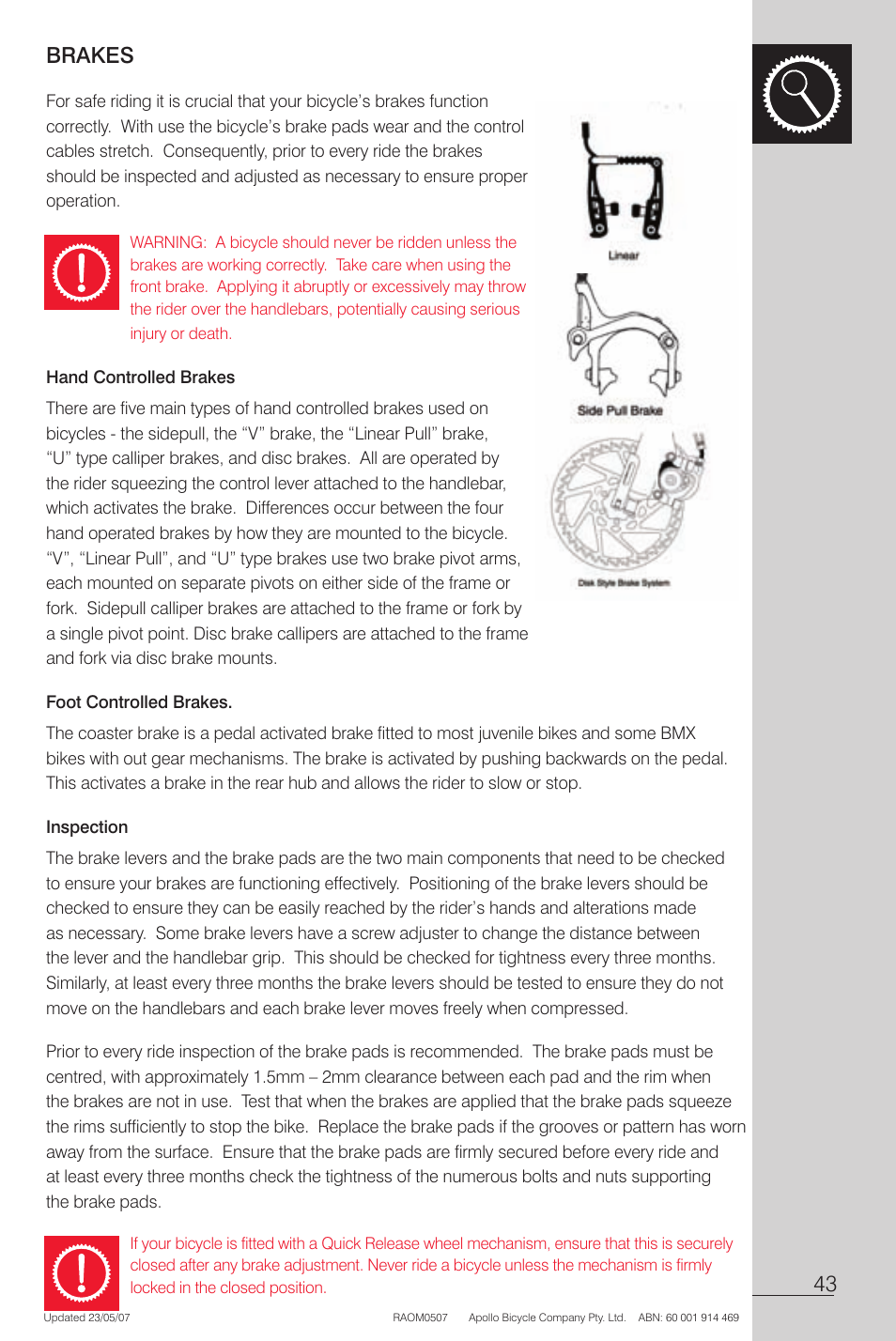 Hand controlled brakes, Foot controlled brakes, Inspection | Apollo Radius User Manual | Page 45 / 72