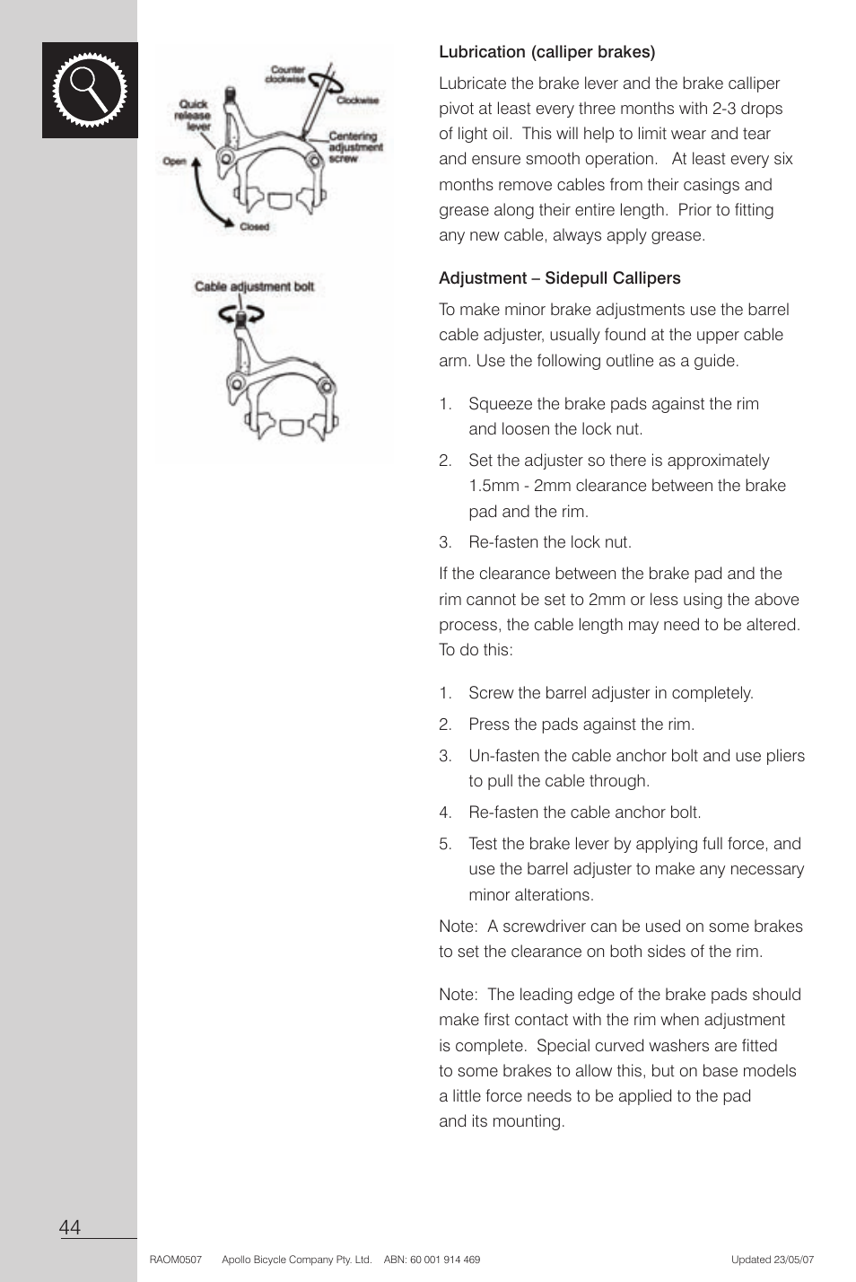 Lubrication (calliper brakes), Adjustment - sidepull camipers | Apollo Radius User Manual | Page 46 / 72