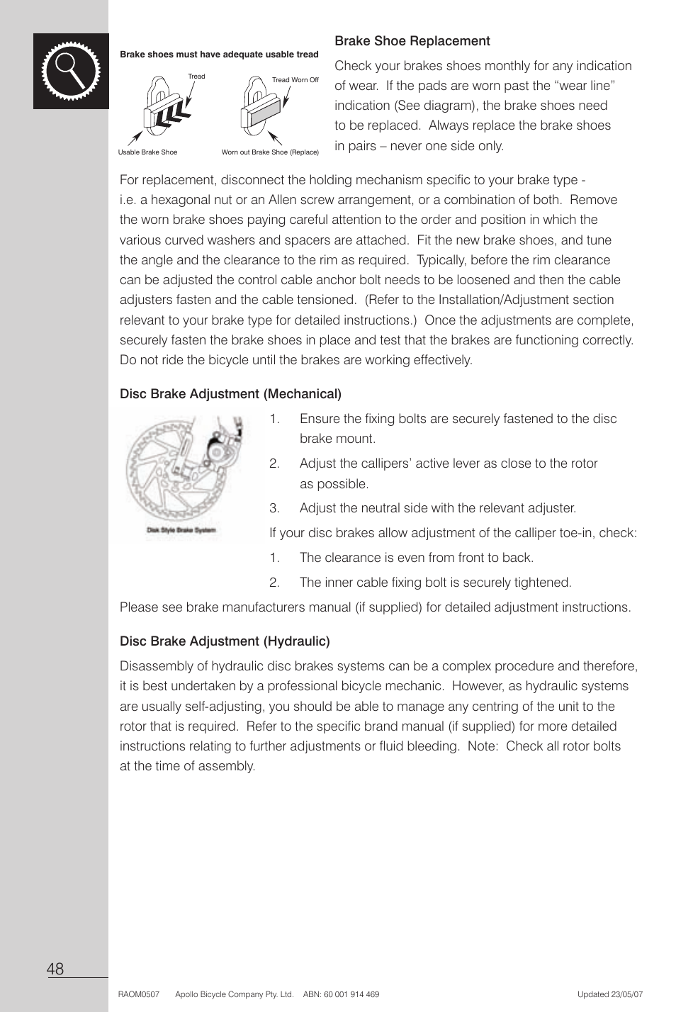 Brake shoe replacement, Disc brake adjustment (hydraulic) | Apollo Radius User Manual | Page 50 / 72