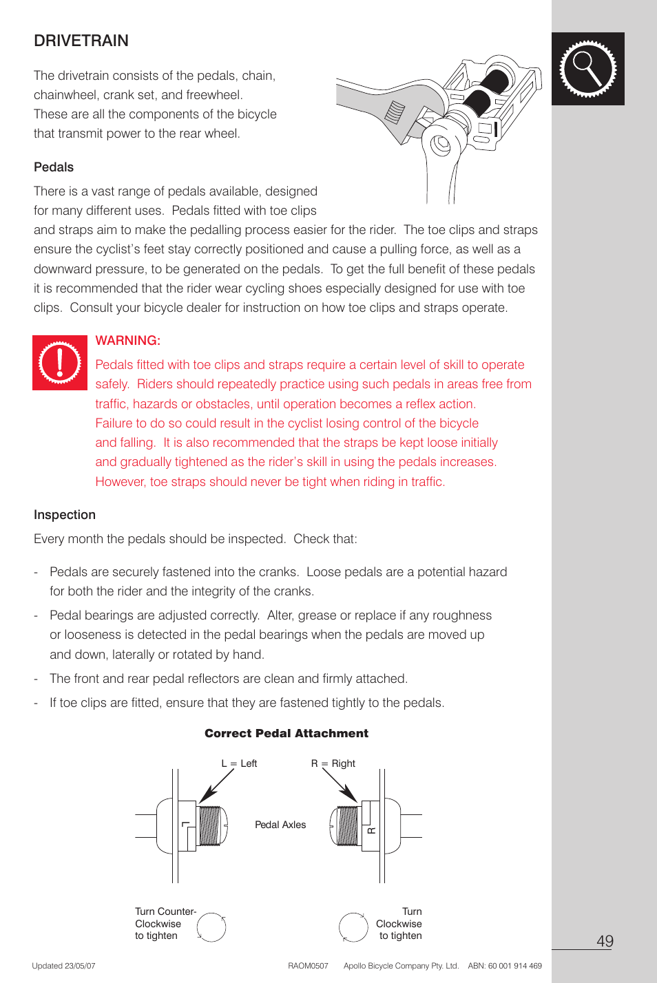 Pedals, Warning, Inspection | Apollo Radius User Manual | Page 51 / 72