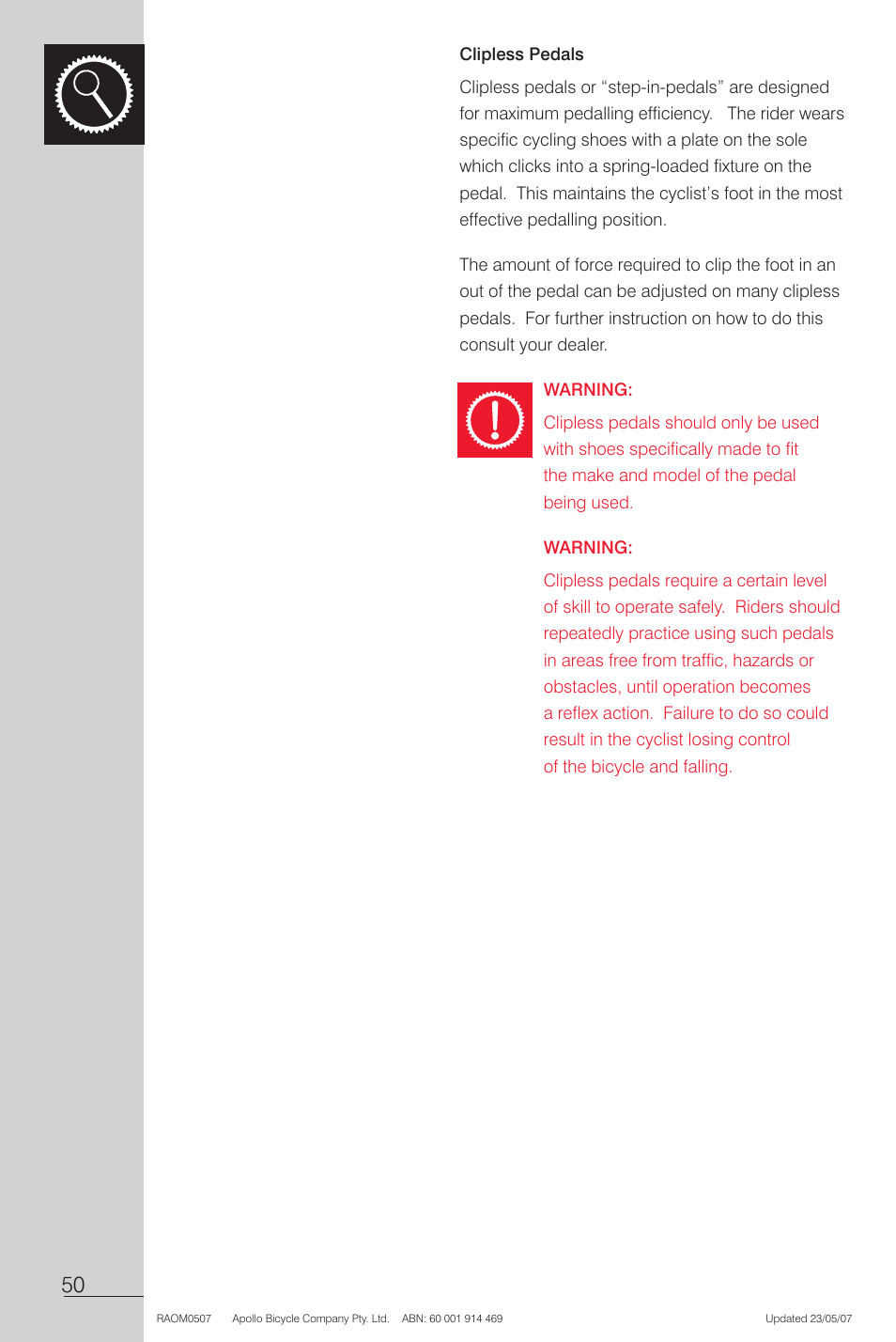 Clipless pedals, Warning | Apollo Radius User Manual | Page 52 / 72