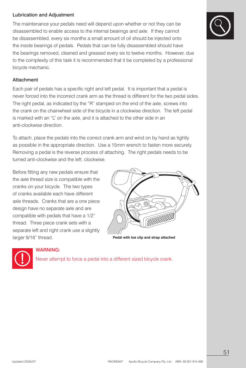 Lubrication and adjustment, Attachment, Warning | Apollo Radius User Manual | Page 53 / 72