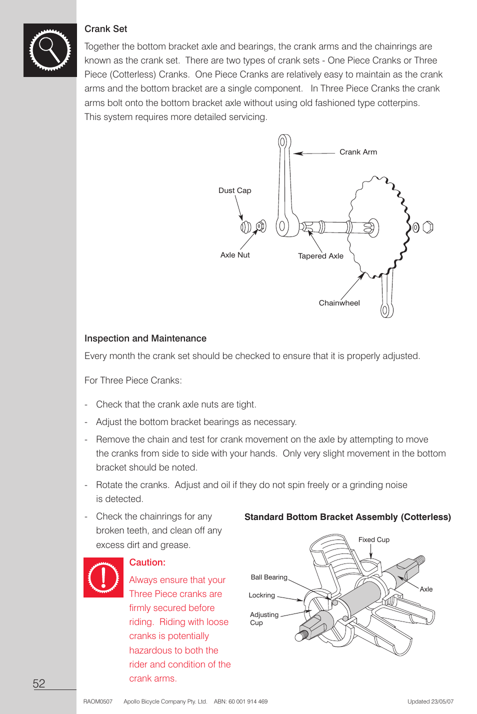 Crank set, Inspection and maintenance, Caution | Apollo Radius User Manual | Page 54 / 72