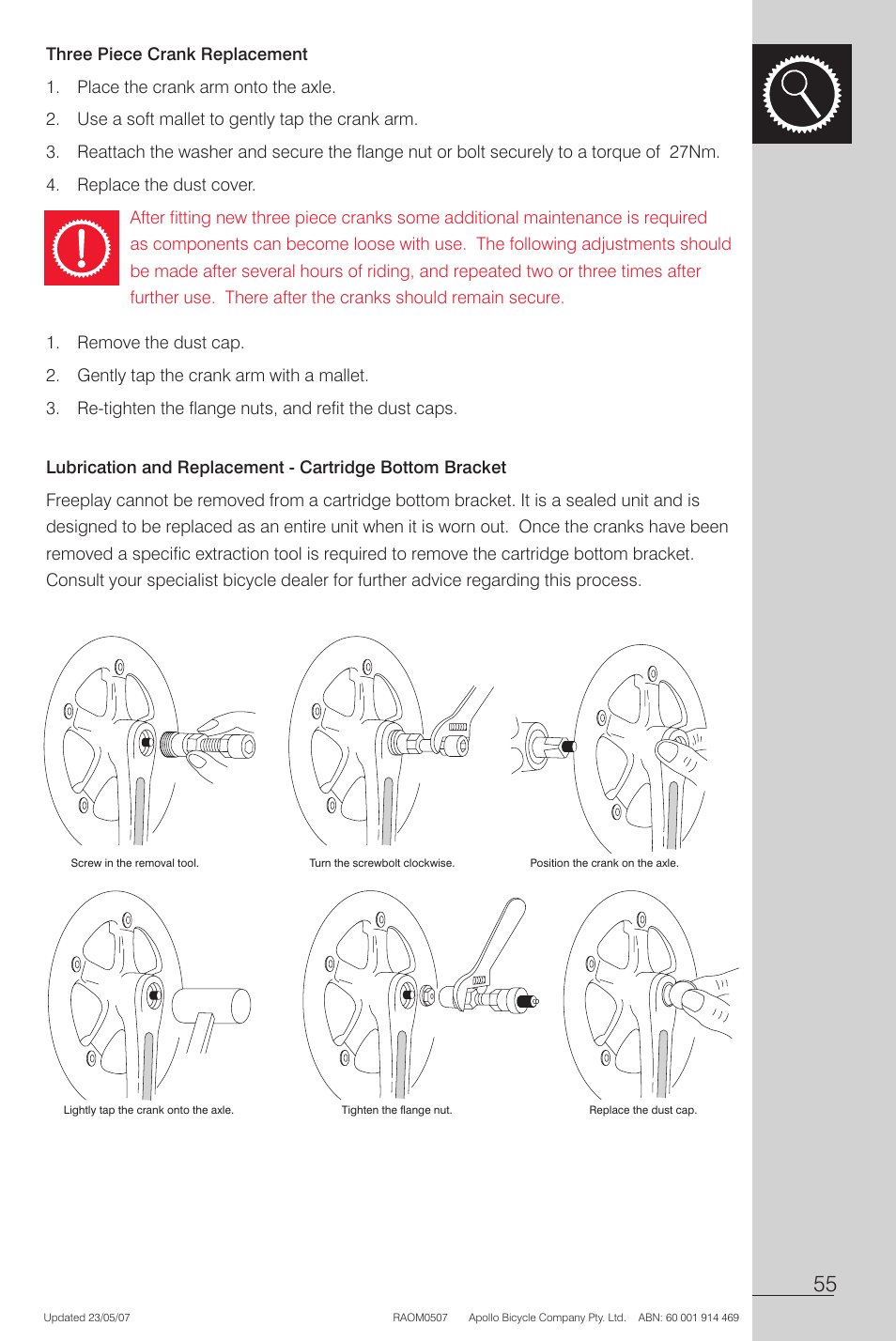 Three piece crank replacement | Apollo Radius User Manual | Page 57 / 72