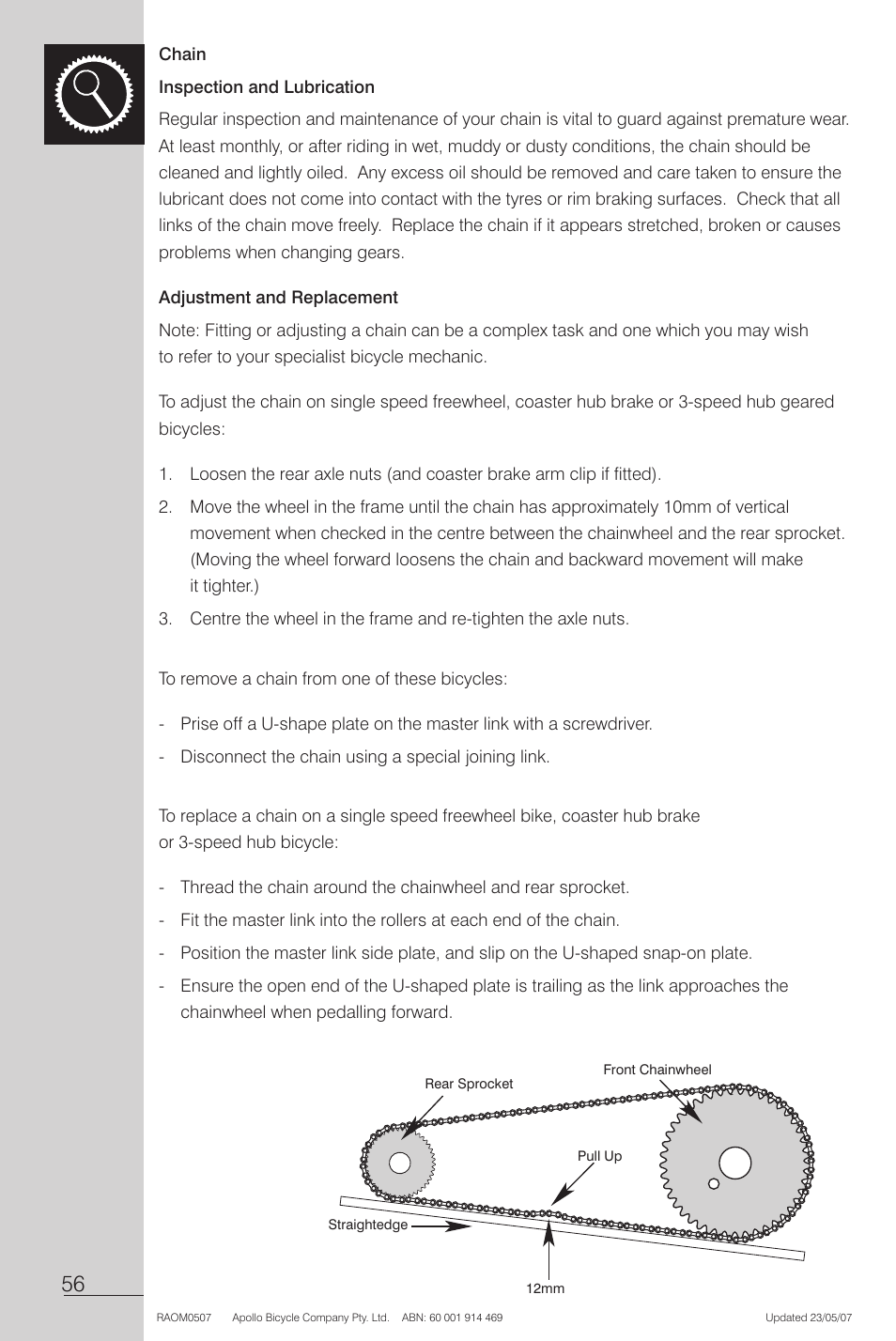 Chain, Adjustment and replacement | Apollo Radius User Manual | Page 58 / 72