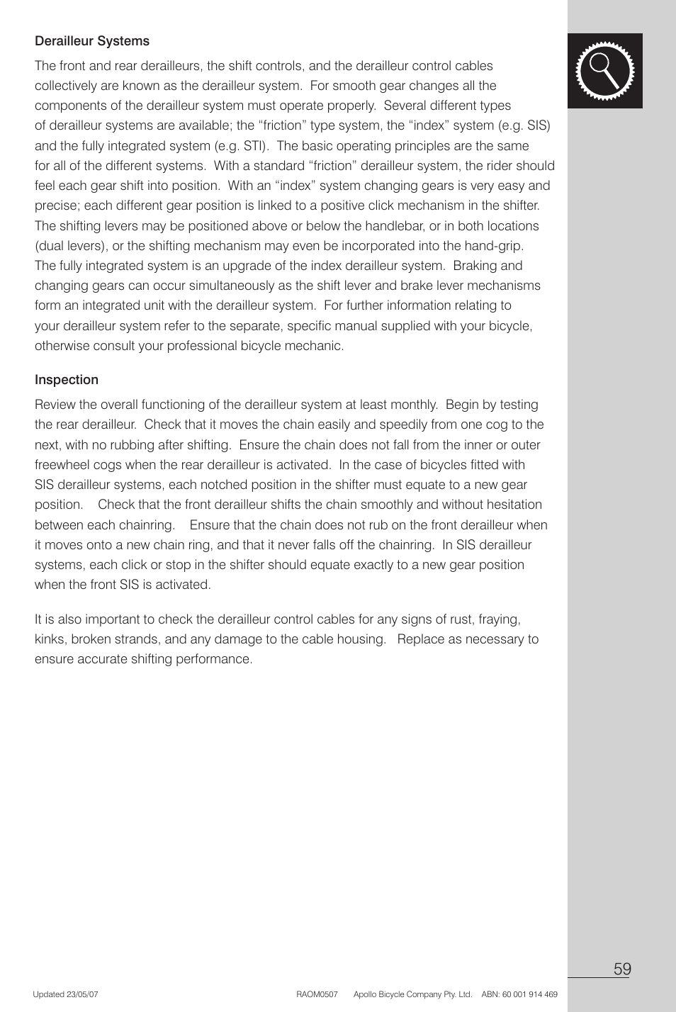 Dérailleur systems, Inspection | Apollo Radius User Manual | Page 61 / 72