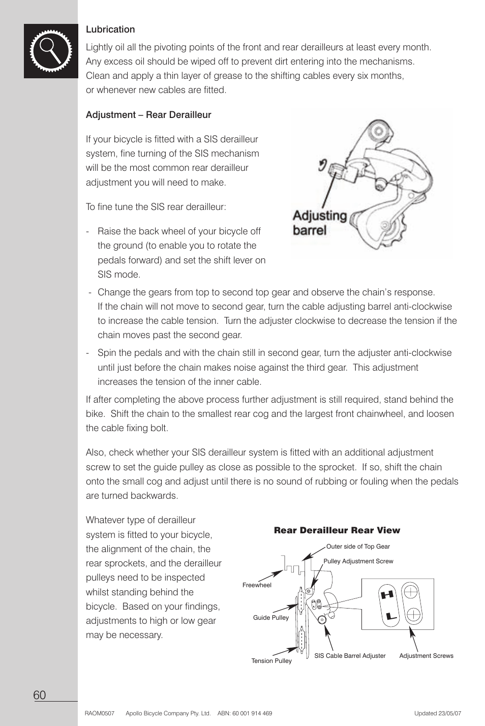 Lubrication, Adjustment - rear derailleur | Apollo Radius User Manual | Page 62 / 72
