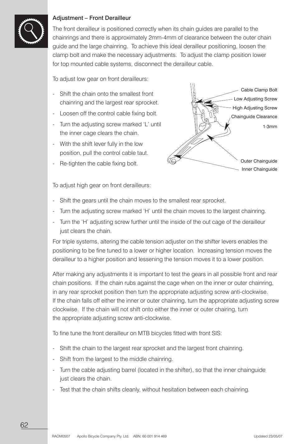 Adjustment - front derailleur | Apollo Radius User Manual | Page 64 / 72
