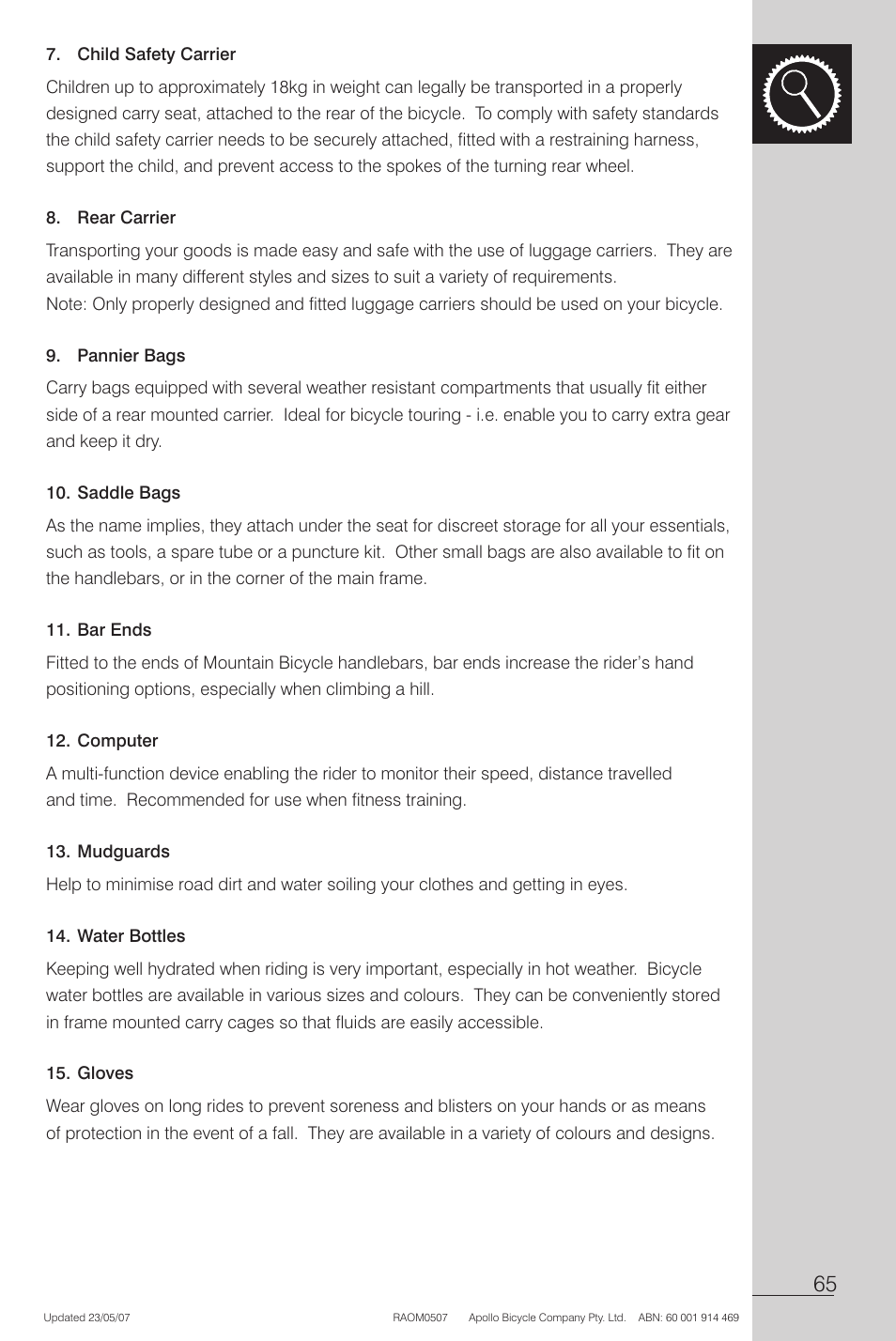 Child safety carrier, Rear carrier, Pannier bags | Saddle bags, Bar ends, Computer, Mudguards, Water bottles, Gloves | Apollo Radius User Manual | Page 67 / 72