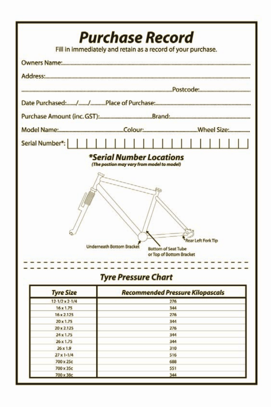 Purchase record, Serial number locations, Tyre pressure chart | Apollo Radius User Manual | Page 71 / 72